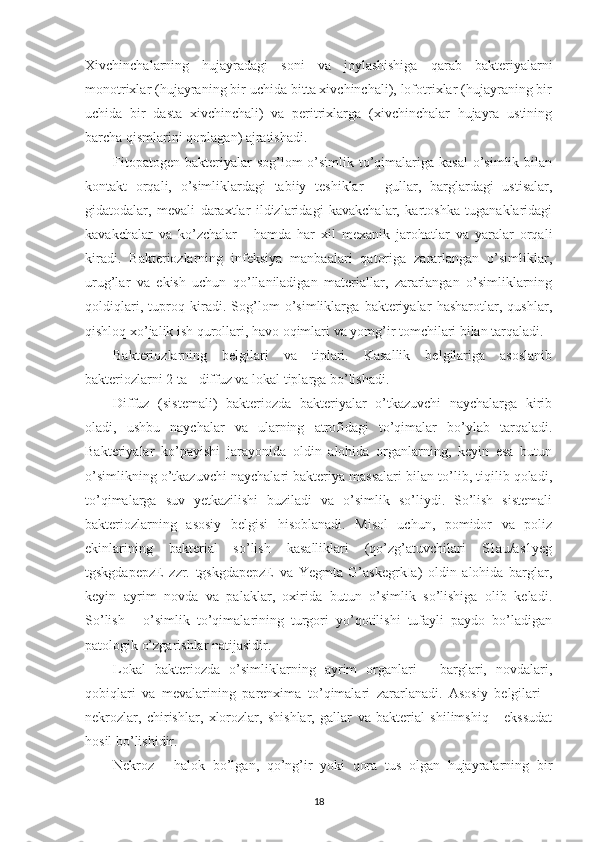 Xivchinchalarning   hujayradagi   soni   va   joylashishiga   qarab   bakteriyalarni
monotrixlar (hujayraning bir uchida bitta xivchinchali), lofotrixlar (hujayraning bir
uchida   bir   dasta   xivchinchali)   va   peritrixlarga   (xivchinchalar   hujayra   ustining
barcha qismlarini qoplagan) ajratishadi.
Fitopatogen  bakteriyalar  sog’lom  o’simlik to’qimalariga kasal  o’simlik bilan
kontakt   orqali,   o’simliklardagi   tabiiy   teshiklar   -   gullar,   barglardagi   ustisalar,
gidatodalar,   mevali   daraxtlar   ildizlaridagi   kavakchalar,   kartoshka   tuganaklaridagi
kavakchalar   va   ko’zchalar   -   hamda   har   xil   mexanik   jarohatlar   va   yaralar   orqali
kiradi.   Bakteriozlarning   infeksiya   manbaalari   qatoriga   zararlangan   o’simliklar,
urug’lar   va   ekish   uchun   qo’llaniladigan   materiallar,   zararlangan   o’simliklarning
qoldiqlari,   tuproq   kiradi.   Sog’lom   o’simliklarga   bakteriyalar   hasharotlar,   qushlar,
qishloq xo’jalik ish qurollari, havo oqimlari va yomg’ir tomchilari bilan tarqaladi.
Bakteriozlarning   belgilari   va   tiplari.   Kasallik   belgilariga   asoslanib
bakteriozlarni 2 ta - diffuz va lokal tiplarga bo’lishadi.
Diffuz   (sistemali)   bakteriozda   bakteriyalar   o’tkazuvchi   naychalarga   kirib
oladi,   ushbu   naychalar   va   ularning   atrofidagi   to’qimalar   bo’ylab   tarqaladi.
Bakteriyalar   ko’payishi   jarayonida   oldin   alohida   organlarning,   keyin   esa   butun
o’simlikning o’tkazuvchi naychalari bakteriya massalari bilan to’lib, tiqilib qoladi,
to’qimalarga   suv   yetkazilishi   buziladi   va   o’simlik   so’liydi.   So’lish   sistemali
bakteriozlarning   asosiy   belgisi   hisoblanadi.   Misol   uchun,   pomidor   va   poliz
ekinlarining   bakterial   so’lish   kasalliklari   (qo’zg’atuvchilari   S1au/as1yeg
tgskgdapepzE   zzr.   tgskgdapepzE   va   Yegmta   G’askegrkIa)   oldin   alohida   barglar,
keyin   ayrim   novda   va   palaklar,   oxirida   butun   o’simlik   so’lishiga   olib   keladi.
So’lish   -   o’simlik   to’qimalarining   turgori   yo’qotilishi   tufayli   paydo   bo’ladigan
patologik o’zgarishlar natijasidir.
Lokal   bakteriozda   o’simliklarning   ayrim   organlari   -   barglari,   novdalari,
qobiqlari   va   mevalarining   parenxima   to’qimalari   zararlanadi.   Asosiy   belgilari   -
nekrozlar,   chirishlar,   xlorozlar,   shishlar,   gallar   va   bakterial   shilimshiq   -   ekssudat
hosil bo’lishidir.
Nekroz   -   halok   bo’lgan,   qo’ng’ir   yoki   qora   tus   olgan   hujayralarning   bir
18 