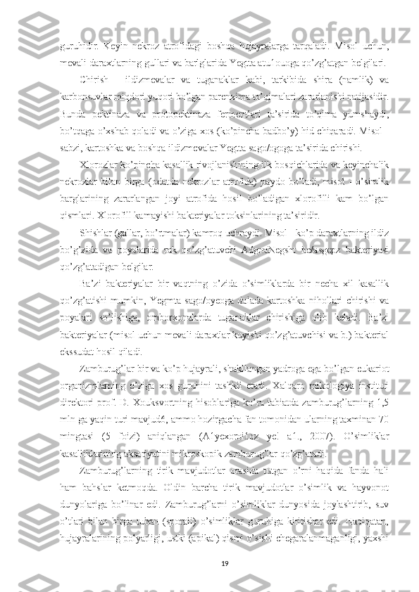 guruhidir.   Keyin   nekroz   atrofidagi   boshqa   hujayralarga   tarqaladi.   Misol   uchun,
mevali daraxtlarning gullari va barlglarida Yegtta atu1ouoga qo’zg’atgan belgilari.
Chirish   -   ildizmevalar   va   tuganaklar   kabi,   tarkibida   shira   (namlik)   va
karbonsuvlar miqdori yuqori bo’lgan parenxima to’qimalari zararlanishi natijasidir.
Bunda   pektinaza   va   protopektinaza   fermentlari   ta’sirida   to’qima   yumshaydi,
bo’tqaga o’xshab qoladi va o’ziga xos (ko’pincha badbo’y) hid chiqaradi. Misol -
sabzi, kartoshka va boshqa ildizmevalar Yegtta sago/ogoga ta’sirida chirishi.
Xlorozlar ko’pincha kasallik rivojlanishining ilk bosqichlarida va keyinchalik
nekrozlar   bilan   birga   (odatda   nekrozlar   atrofida)   paydo   bo’ladi,   misol   -   o’simlik
barglarining   zararlangan   joyi   atrofida   hosil   bo’ladigan   xlorofilli   kam   bo’lgan
qismlari. Xlorofill kamayishi bakteriyalar toksinlarining ta’siridir.
Shishlar (gallar, bo’rtmalar) kamroq uchraydi. Misol - ko’p daraxtlarning ildiz
bo’g’zida   va   poyalarida   rak   qo’zg’atuvchi   AdgoaNegsht   ite/asgepz   bakteriyasi
qo’zg’atadigan belgilar.
Ba’zi   bakteriyalar   bir   vaqtning   o’zida   o’simliklarda   bir   necha   xil   kasallik
qo’zg’atishi   mumkin,   Yegmta   sago/oyeoga   dalada   kartoshka   nihollari   chirishi   va
poyalari   so’lishiga,   omborxonalarda   tuganaklar   chirishiga   olib   keladi.   Ba’zi
bakteriyalar (misol uchun mevali daraxtlar kuyishi qo’zg’atuvchisi va b.) bakterial
ekssudat hosil qiladi.
Zamburug’lar bir va ko’p hujayrali, shakllangan yadroga ega bo’lgan eukariot
organizmlarning   o’ziga   xos   guruhini   tashkil   etadi.   Xalqaro   mikologiya   instituti
direktori   prof.   D.   Xouksvortning   hisoblariga   ko’ra   tabiatda   zamburug’larning   1,5
mln ga yaqin turi mavjud 6,  ammo hozirgacha fan tomonidan ularning taxminan 70
mingtasi   (5   foizi)   aniqlangan   (A1yexoroi1oz   ye!   a1.,   2007).   O’simliklar
kasalliklarining aksariyatini mikroskopik zamburug’lar qo’zg’atadi.
Zamburug’larning   tirik   mavjudotlar   orasida   tutgan   o’rni   haqida   fanda   hali
ham   bahslar   ketmoqda.   Oldin   barcha   tirik   mavjudotlar   o’simlik   va   hayvonot
dunyolariga   bo’linar   edi.   Zamburug’larni   o’simliklar   dunyosida   joylashtirib,   suv
o’tlari   bilan   birga   tuban   (sporali)   o’simliklar   guruhiga   kiritishar   edi.   Haqiqatan,
hujayralarining polyarligi, ustki (apikal) qismi o’sishi chegaralanmaganligi, yaxshi
19 