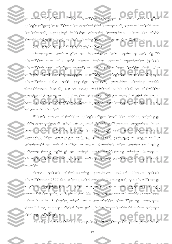 va   mineral   o’g’itlarni   qo’llash   o’simliklar   ko’p   (ayniqsa   tuproq   zamburug’lari
qo’zg’atadigan) kasalliklar bilan zararlanishini kamaytiradi, saprotrof mikobiotani
faollashtiradi,   tuproqdagi   infeksiya   zahirasini   kamaytiradi,   o’simliklar   o’sish
sharoitlarini yaxshilaydi, natijada ularning kasalliklarga chidamliligi ortadi.
2.3. Parazit va yarim parazit o’simliklar
Fitopatogen   zamburug’lar   va   bakteriyalar   kabi,   ayrim   yuksak   (gulli)
o’simliklar   ham   to’la   yoki   qisman   boshqa   avtotrof   organizmlar   (yuksak
o’simliklar)   hosil   qiladigan   organik   modda   hisobiga   hayot   kechira   oladi.   Ular
xo’jayin   o’simliklarining   talaygina   kasalliklarini   qo’zg’atishi   mumkin.   Xo’jayin
o’simlikning   ildizi   yoki   poyasiga   yopishib,   parazitlar   ularning   modda
almashinuvini   buzadi,   suv   va   ozuqa   moddalarini   so’rib   oladi   va   o’simliklar
tanasiga o’zlarining modda almashinuvida  hosil bo’lgan mahsulotlarini chiqaradi.
Natijada   xo’jayin   o’simliklar   zaiflashadi,   yaxshi   rivojlanmaydi,   kam   hosil   qiladi,
ba’zan nobud bo’ladi.
Yuksak   parazit   o’simliklar   qo’zg’atadigan   kasalliklar   qishloq   xo’jaligiga
jiddiy zarar yetkazadi. Misol uchun, urug’lik beda gulli parazit - zarpechak - bilan
zararlanganida,   ko’pincha   80%   va   ko’proq   urug’   hosili   yo’qotilishi   mumkin.
Zarpechak   bilan   zararlangan   beda   va   yo’ng’ichqa   (sebarga)   ni   yegan   mollar
zaharlanishi   va   nobud   bo’lishi   mumkin.   Zarpechak   bilan   zararlangan   lavlagi
ildizmevasining   og’irligi   va   undagi   qand   moddasining   miqdori   kamayadi.
Shumg’iya   ko’p   hollarda   sabzavot,   poliz   va   tamaki   zkinlarini   butunlay   quritishi
mumkin.
Parazit   yuksak   o’simliklarning   parazitizm   usullari.   Parazit   yuksak
o’simliklarning 2500 dan ko’proq turlari mavjud. Ularning xo’jayin o’simlik turiga
bog’liqlik   darajalari   har   xil.   Ba’zi   turlari,   misol   uchun   omelalar,   xlorofillga   ega,
ammo ildizlari yo’q, xo’jayin o’simlikka faqat suv va mineral moddalar manbaasi
uchun   bog’liq.   Boshqalar,   misol   uchun   zarpechaklar,   xlorofillga   ega   emas   yoki
xlorofilli   oz,   haqiqiy   ildizlari   ham   yo’q;   bular   hayot   kechirishi   uchun   xo’jayin
ekinlarga to’la bog’liq.
Bu belgilariga asoslanib parazit yuksak o’simliklar yashil yarim parazitlar va
22 