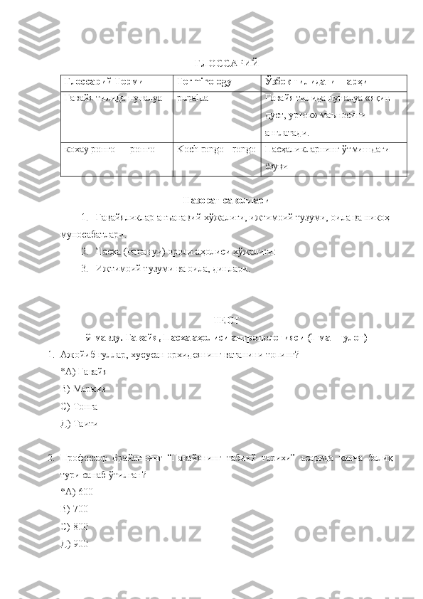 ГЛОССАРИЙ
Глоссарий  Термин  Terminology Ўзбек тилидаги шарҳи 
Гавайя тилида пуналуа punalua Гавайя тилида пуналуа «яқин 
дуст, урток» маъносини 
англатади.
кохау ронго — ронго Koch rongo - rongo Пасҳаликларнинг ўтмишдаги 
ёзуви
Назорат саволлари
1. Гавайяликлар анъанавий хўжалиги, ижтимоий тузуми, оила ва никоҳ 
муносабатлари.
2. Пасха (Рапануи) ороли аҳоли си  хўжалиги:
3. Ижтимоий тузуми ва оила, динлари.
ТЕСТ
9-мавзу. Гавайя, Пасха аҳолиси антропологияси (1-машғулот)
1. Ажойиб гуллар, хусусан орхидеянинг ватани ни топинг?
*А) Гавайя
В) Маркиз
С) Тонга
Д) Таити
2. Профессор   Брайаннинг   “Гавайянинг   табиий   тарихи”   асарида   қанча   балиқ
тури санаб ўтилган?
*А) 600 
В) 700
С) 800
Д) 900 