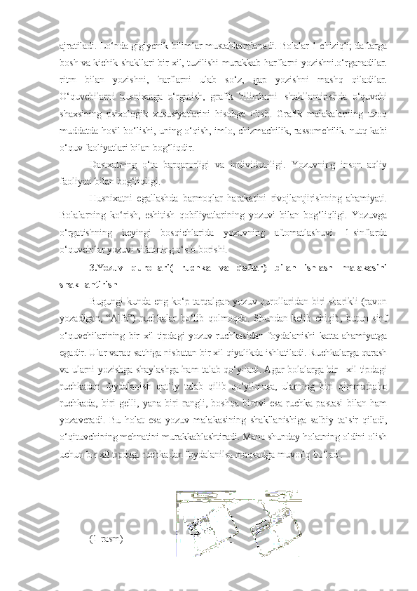 ajratiladi.   Lo‘ nda gigi y enik bilimlar mustahkamlanadi. Bolalar 1 chiziqli; daftarga
bosh va kichik shakllari bir xil, tuzilishi murakkab-harflarni yozishni.o‘rganadilar.
ritm   bilan   yozishni,   harflarni   ulab   so‘z,   gap   yozishni   mashq   qiladilar.
O‘quvchilarni   husnixatga   o‘rgatish,   grafik   bilimlarni   |shakllantirishda   o‘quvchi
shaxsining   psixologik   xususiyatlarini   hisobga   olish.   Grafik   malakalarning   uzoq
muddatda hosil bo‘lishi, uning o‘qish, imlo, chizmachilik, rassomchilik. nutq kabi
o‘quv faoliyatlari bilan bog‘liqdir.
Dastxatning   o‘ta   barqarorligi   va   individualligi.   Yozuvning   inson   aqliy
faoli y at i  bilan  b og‘liqligi.
Husnixatni   e gallashda   barmoqlar   harakatini   rivojlantjirishning   ahamiyati.
Bolalarning   ko‘rish,   eshitish   qobiliyatlarining   yozuvi   bilan   bog‘liqligi.   Yozuvga
o‘rgatishning   keyingi   bosqichlarida   yozuvning   aftomatlashuvi.   1-sinflarda
o‘quvchilar yozuvi sifatining o‘sib borishi.
3.Yozuv   qurollari(   ruchka   va   daftar)   bilan   ishlash   malakasini
shakllantirish
Bugungi  kunda eng ko‘p tarqalgan yozuv qurollaridan biri  sharikli  (ravon
yozadigan,   “Alfa”)   ruchkalar   bo‘lib   qolmoqda.   Shundan   kelib   chiqib,   butun   sinf
o‘quvchilarining   bir   xil   tipdagi   yozuv   ruchkasidan   foydalanishi   katta   ahamiyatga
egadir. Ular varaq sathiga nisbatan bir xil qiyalikda ishlatiladi. Ruchkalarga qarash
va ularni yozishga shaylashga ham talab qo‘yiladi. Agar bolalarga bir     xil tipdagi
ruchkadan   foydalanish   qat`iy   talab   qilib   qo‘yilmasa,   ularning   biri   qimmatbaho
ruchkada,   biri   gelli,   yana   biri   rangli,   boshqa   birovi   esa   ruchka   pastasi   bilan   ham
yozaveradi.   Bu   holat   esa   yozuv   malakasining   shakllanishiga   salbiy   ta`sir   qiladi,
o‘qituvchining mehnatini murakkablashtiradi. Mana shunday holatning oldini olish
uchun bir xil tipdagi ruchkadan foydalanilsa maqsadga muvofiq bo‘ladi. 
(1-rasm) 