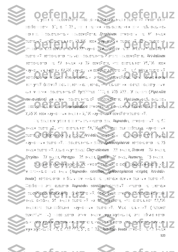 На   уровне   подсемейств   посещение   разных   видов   растений   имеет   свои
особенности   [51;   c.   1-23],   но   в   наших   исследованиях   они   наблюдались
неявно.   Представители   подсемейства   Syrphinae   отмечены   на   84   видах
растений,   что   составляет   95,5%   всех   изученных   растений.   Эти   растения
относятся к 32 семействам из 33 изученных. Причем на 21 виде из 4 семейств
растений   встречаются   только   представители   этого   подсемейства.   Eristalinae
встречаются   на   67   видах   из   29   семейств,   что   составляет   76,1%   всех
изученных видов и 87,9% изученных семейств растений. На 4 видах растений
встречаются   только   представители   этого   подсемейства.   Это   объясняется
вогнутой   формой   околоцветника   цветка,   что   делает   их   нектар   недоступным
для   многих   представителей   Syrphinae   [110;   c.   925–933].   У   одного   ( Pipizella
mesasiatica )   из   двух   представителей   подсемейства   Pipizinae   наблюдалось
посещение цветков.   P .   mesasiatica   отмечен на 7 видах из 3 семейств, то есть
7,95 % всех изученных видов и 9,1% изученных семейств растений.  
На   родовом   уровне   опять   отличается   род   Eupeodes ,   отмеченный   на   60
видах   растений,   что   составляет   68,1%   видового   разнообразия   изученных
растений.   Журчалки   из   рода   Eristalis   отмечены   на   половине   (44   вида)
изученных   растений.   Представители   рода   Sphaerophoria   встречаются   на   35
видах растений. Дале идут рода:   Chrysotoxum   – 33 видов,   Scaeva   – 29   видов,
Syrphus  – 27 видов,  Paragus  – 26 видов,  Syritta  – 24 вида,  Eumerus  – 15 видов.
Разные   виды   мух-журчалок   имеют   разный   спектр   пищевых   растений:
многочисленные   виды   ( Eupeodes   corollae ,   Sphaerophoria   scripta,   Eristalis
tenax )   встречаются   в   большом   числе   на   цветках   самых   разных   растений.
Особенно   это   касается   Eupeodes   corollae ,   который   питается   на   цветках
практически всех изученных растений. Нами было отмечено посещение этого
вида   сирфид   56   видов   растений   из   26   семейств,   что   составляет   63,6%
видового   разнообразия   изученных   растений.   Мак   павлиний   (Papaver
pavonium   L.)   посещается   этим   видом   мух-журчалок,   это   объясняется
слишком ярким цветом их лепестков,  что не является предпочтительным для
мух-журчалок [ 42; c.  433-442 ;  51; c. 1-23] .  Eristalis  tenax  отмечен   на  43 видах
123 