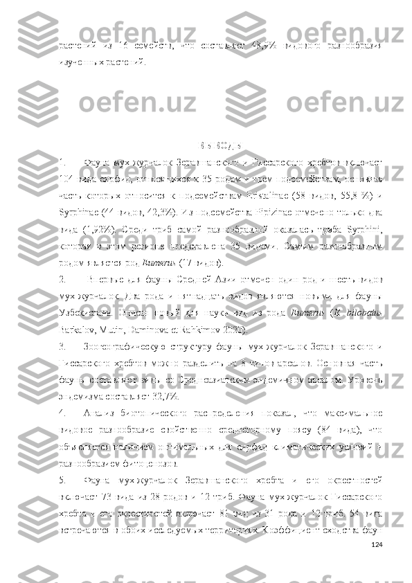 растений   из   16   семейств,   что   составляет   48,9%   видового   разнообразия
изученных растений.
ВЫВОДЫ
1. Фауна   мух-журчалок   Зеравшанского   и   Гиссарского   хребтов   включает
10 4   вид а   сирфид,   относящихся   к   35   родам   и   трем   подсемействам,   основная
часть   которых   относится   к   подсемействам   Eristalinae   (58   видов,   55,8   %)   и
Syrphinae (44 видов, 42,3%). Из подсемейства  Pipizinae отмечено только два
вида   (1,92%).   Среди   триб   самой   разнообразной   оказалась   триба   Syrphini,
которая   в   этом   регионе   представлена   35   видами.   Самым   разнообразным
родом является род  Eumerus  (17 видов).
2.   Впервые   для   фауны   Средней   Азии   отмечен   один   род   и   шесть   видов
мух-журчалок.   Два   рода   и   пятнадцать   видов   являются   новыми   для   фауны
Узбекистана.   Описан   новый   для   науки   вид   из   рода   Eumerus   ( E.   bilobatus
Barkalov, Mutin, Daminova et Rahkimov 2020).
3. Зоогеографическую   структуру   фауны   мух-журчалок   Зeравшанского   и
Гиссарского   хребтов   можно   разделить   на   8   типов   ареалов.   Основная   часть
фауны   составляют   виды   со   Среднеазиатским   эндемичном   ареалом.   Уровень
эндемизма составляет 32,7%. 
4. Анализ   биотопического   распределения   показал,   что   максимальное
видовое   разнообразие   свойственно   среднегорному   поясу   (84   вида),   что
объясняется   наличием   оптимальных   для   сирфид   климатических   условий   и
разнообразием фитоценозов. 
5. Фауна   мух-журчалок   Зeравшанского   хребта   и   его   окрестностей
включает   7 3   вида   из   28   родов   и   12   триб.   Фауна   мух-журчалок   Гиссарского
хребта   и   его   окрестностей   включает   81   вид   из   31   рода   и   12   триб.   54   вида
встречаются в обоих исследуемых территориях. Коэффициент сходства фаун
124 