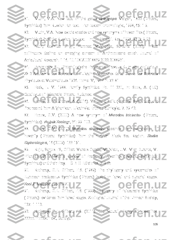 81. Mutin,   V.A.   New   data   on   the   genus   Brachyopa   Meigen,   1822   (Diptera,
Syrphidae) from Russian Far East. - Far Eastern Entomologist, 1998, 65:  1-9 .
82. Mutin, V.A. New exotic species and new synonyms of hover-flies (Diptera,
Syrphidae) from the Russian Far East. - Int. J. Dipterol.  Res., 1998, 9 (1):  9-12 .
83. Nath ,   Rainder   Singh,   Harpreet   Mukherjee,   Santanu.   (2022).   Insect
pollinators   decline:   an   emerging   concern   of   Anthropocene   epoch.   Journal   of
Apicultural Research.  1-16 . 10.1080/00218839.2022.2088931.
84. Paramonov   S.J.   Dipterologische   Fragmente.   Travaux   du   musee   zoologique
№   2   Academia   des   Sciences   de   l’Ukraine.   Memories   de   la   Classe   des   Sciences
Physiques et Matematiques 1926. Tome IV, livr 4 P.  73-81
85. Peck,   L.   V.   1988.   Family   Syrphidae.   Pp.   11–230 ,   In:   Soos,   A.   (Ed.)
Catalogue of Palearctic Diptera. Budapest.
86. Popov,   G.   Prokhorov,   A.   (2016).   Volucella   bella   (Diptera:   Syrphidae),   the
first record from Afghanistan.  Ukrainska Entomofaunistyka. 7.  39-42 .
87. Popov,   G.V.   (2000)   A   new   synonym   of   Merodon   tricinctus   (Diptera,
Syrphidae).  Vestnik Zoology , 34: 99–102. 
88. Popov,   G.V.   (2010)   Merodon   alexandri   spec.nov.   –a   new   species   of
hoverfly   (Diptera:   Syrphidae)   from   the   northen   Black   Sea   Region.   Studia
Dipterologica , 16 (2009): 133-151.
89. Rojo,   Santos   FS,   Gilbert   Marcos-García,   Mª   Nieto,   J.M.   Mier   Durante,   M.
Pilar.   (2003).   A   World   Reiew   of   Predatory   Hoverflies   (Diptera,   Syrphidae:
Syrphinae) and their Prey. – CIBIO Ediciones.  219 pp
90. Rotheray,   G.E.   Gilbert,   F.S.   (1989)   The   phylogeny   and   systematics   of
European   predaceous   Syrphidae   (Diptera)   based   on   larval   and   puparial   stages.
Zool.J. Linn.Soc ., 95: 29-70. 
91. Rotheray,   G.E.   Gilbert,   F.S.   (1999)   Phylogeny   of   Palaearctic   Syrphidae
(Diptera): eidence from larval stages.   Zoological Journal of the Linnean Society,
127: 1-112. 
92. Rotheray,   G.E.   Gilbert,   F.S.   (2011).   The   Natural   History   of   Hoverflies.
333pp. Forrest Text, Cardigan.   
135 
