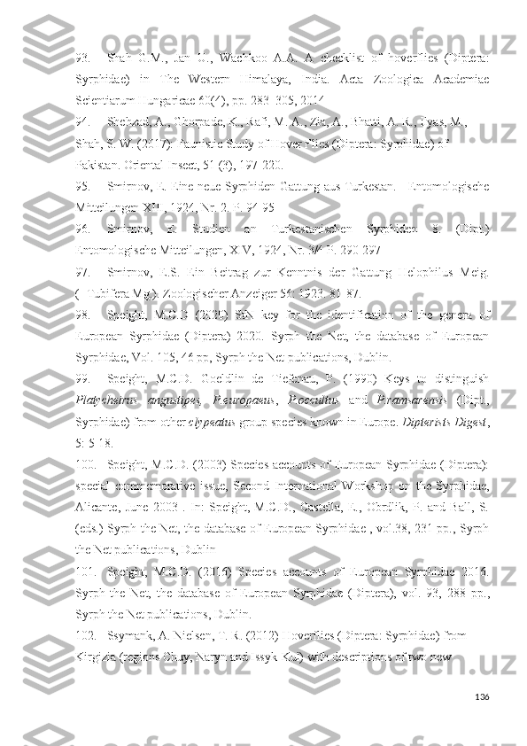 93. Shah   G.M.,   Jan   U.,   Wachkoo   A.A.   A   checklist   of   hoverflies   (Diptera:
Syrphidae)   in   The   Western   Himalaya,   India.   Acta   Zoologica   Academiae
Scientiarum Hungaricae 60(4), pp. 283–305, 2014
94. Shehzad , A., Ghorpade, K., Rafi, M. A., Zia, A., Bhatti, A. R., Ilyas, M., 
Shah, S. W. (2017): Faunistic Study of Hover Flies (Diptera: Syrphidae) of 
Pakistan.  Oriental Insect, 51 (3), 197  220. 
95. Smirnov, E. Eine neue Syrphiden-Gattung aus Turkestan. - Entomologische
Mitteilungen XIII, 1924, Nr. 2.  P. 94-95
96. Smirnov,   E.   Studien   an   Turkestanischen   Syrphiden   8.   (Dipt.)
Entomologische Mitteilungen, XIV, 1924, Nr. 3/4 P. 290-297
97. Smirnov,   E.S.   Ein   Beitrag   zur   Kenntnis   der   Gattung   Helophilus   Meig.
(=Tubifera Mg.). Zoologischer Anzeiger 56: 1923. 81-87.
98. Speight,   M.C.D   (2020)   StN   key   for   the   identification   of   the   genera   of
European   Syrphidae   (Diptera)   2020.   Syrph   the   Net,   the   database   of   European
Syrphidae, Vol. 105, 46 pp, Syrph the Net publications, Dublin.
99. Speight,   M.C.D.   Goeldlin   de   Tiefenau,   P.   (1990)   Keys   to   distinguish
Platycheirus   angustipes,   P.europaeus ,   P.occultus   and   P.ramsarensis   (Dipt.,
Syrphidae) from other  clypeatus  group species known in Europe.  Dipterists Digest ,
5: 5-18. 
100. Speight, M.C.D. (2003) Species accounts of European Syrphidae (Diptera):
special   commemorative   issue,   Second   International   Workshop   on   the   Syrphidae,
Alicante,   June   2003   .   In:   Speight,   M.C.D.,   Castella,   E.,   Obrdlik,   P.   and   Ball,   S.
(eds.) Syrph the Net, the database of European Syrphidae , vol.38, 231 pp., Syrph
the Net publications, Dublin 
101. Speight,   M.C.D.   (2016)   Species   accounts   of   European   Syrphidae   2016.
Syrph   the   Net,   the   database   of   European   Syrphidae   (Diptera),   vol.   93,   288   pp .,
Syrph the Net publications, Dublin.
102. Ssymank, A. Nielsen, T. R. (2012)  Hoverflies (Diptera: Syrphidae) from 
Kirgizia (regions Chuy, Naryn and Issyk-Kul) with descriptions of two new 
136 