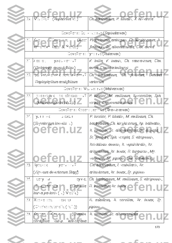 29. Молочай - ( Euphorbia  sp.) Ch. bactrianum, P. tibialis, X. hissarica
Семейство Сапиндовые  ( Sapindaceae )
30. Клен   Семенова   (Acer
semenoii Regel & Herder) Platycheirus ambiguus, Ch. kirghizorum, E. 
flaviceps, Sc. albomaculata, Che. aerea
Семейство Рутовые  ( Rutaceae )
31. Ясенец   узколистный   –
( Dictamnus angustifolius ) V.   bella,   V.   inanis,   Ch.   caucasicum,   Che.
aerea, Che. stackelbergi
32. Цельнолистник   остролистный
- Haplophyllum acutifolium Ch.   bactrianum,   Ch.   festivum,   Ceriana
sartorum
Семейство  Мальвовые ( Malvaceae )
33. Просвирник   пренебреженный
– ( Malva neglecta  Wallr.) P.   bicolor,   M.   mellinum,   E.   corollae,   Sph.
scripta,  Chy. cemiteriorum
Семейство Крестоцветные ( Brassicaceae )
34. Гулявник   Лезеля   -
( Sisymbrium loeselii  L.) P. bicolor, P. tibialis, M. mellinum, Ch. 
bactrianum,  Ch. kirghizorum,  Ep. balteatus,
E. corollae, Sc. albomaculata ,  Sc. dignota, 
Sc. pyrastri,   Sph. scripta, S. vitripennis, 
Eristalinus aeneus, E. sepulchralis, Er. 
arbustorum, Er. tenax,  H. turanicus ,  My. 
semenovi, Sy. pipiens, Che. stackelbergi
35. Бурачок   пустынный   -
( Alyssum desertorum Stapf ) Ch. bactrianum ,  I. scutellaris,  Er. 
arbustorum ,  Er. tenax ,  Sy. pipiens
36. Пастушья   сумка
обыкновенная   -   ( Capsella
bursa-pastoris  (L.)  Medik.) Ch. bactrianum ,   M. mellinum ,   S. vitripennis ,
H. trivittatus ,  Er. tenax
37. Хориспора   нежная     –
(Chorispora tenella (Pall.)) E.   asiaticus,   E.   corollae,   Er.   tenax,   Sy.
pipiens
38. Катран   Кочи   –   ( Crambe
cordifolia   subsp.   kotschyana E. corollae ,  Sc. albomaculata
173 