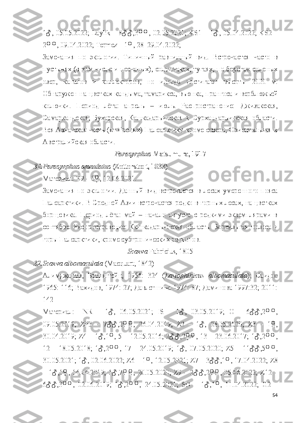 1♂, 05.05.2022;   Laylik   –  8♂♂,3♀♀, 02.05.2021;   KS 1 –  1♂, 05.04.2022;   KS 2 –
2♀♀, 09.04.2022;  Termez  – 1♀, 28–29.04.2022; 
Замечания   по   экологии.   Типичный   равнинный   вид.   Встречается   часто   в
пустынях (в том числе и песчаных), солончаках, тугаях, по берегам соленых
озер,   каналов   и   коллекторов,   но   иногда   достигают   высоты   2000   м.
Обнаружен на цветках   кандыма, тамарикса,   вьюнка, прангоса   и в ерблюжьей
колючки.   Период   лёта:   апрель     июль.   Распространение:  ‒ Джизакская,
Самаркандская,   Бухарская,   Кашкадарьинская   и   Сурхандарьинская   области.
Вся Азиатская часть (от Греции) Палеарктики кроме севера, Ориентальная и
Австралийская области.  
Parasyrphus  Matsumura, 1917
31. Parasyrphus annulatus  (Zetterstedt, 1838)
Материал:  T9 –  1♀, 12.06.2021.
Замечания   по   экологии.   Данный   вид   встречается   в   лесах   умеренного   пояса
Палеарктики. В Средней Азии встречается редко в горных лесах, на цветках
борщевика.   Период   лёта:   май     начало   августа   с   редкими   экземплярами   в	
‒
сентябре.   Распространение:   Кашкадарьинская   область.   Бореальная   полоса   и
горы Палеарктики, кроме субтропических регионов. 
Scaeva  Fabricius, 1805
32. Scaeva albomaculata  (Macquart, 1842)
Алимджанов,   Бронштейн,   1956:   324   ( Lasiophthicus   albomaculata );   Саидов
1965: 116; Вахидов, 1974: 27; Давлетшина 1974: 87; Даминова 1997:32; 2011:
142
Материал:     NR   –   1♂,   06.05.2021;   IS   –   1♂,   03.05.2019;   O   –   6♂♂,2♀♀,
09.05.2019;   ZP 3   –   7♂♂,2♀♀,   26.04.2019;   Z 2   –   1♂,   28.05.2020;   Z 3   –   1♀,
30.04.2019;   Z 4 – 1♂,1♀, 5 – 12.05.2016; 2♂♂,2♀♀, 13 – 23.06.2017; 1♂,2♀♀,
12   –   18.05.2018;   1♂,2♀♀,   17   –   24.05.2019;   1♂,   07.05.2020;   Z 5   –   11♂♂,5♀♀,
30.05.2021; 1♂, 02.06.2022;  Z 6 – 1♀, 12.05.2021;  Z 7 – 3♂♂,1♀, 17.04.2022;  Z 8
–  1♂,1♀,   14.04.2019;   1♂,7♀♀,   20.05.2020;   Z 9  –   2♂♂,2♀♀,  05.06.2022;   Z 12  –
6♂♂,3♀♀,   02.06.2019;   1♂,2♀♀,   24.05.2021;   SD   –   1♂,1♀,   11.04.2022;   G 2   –
54 