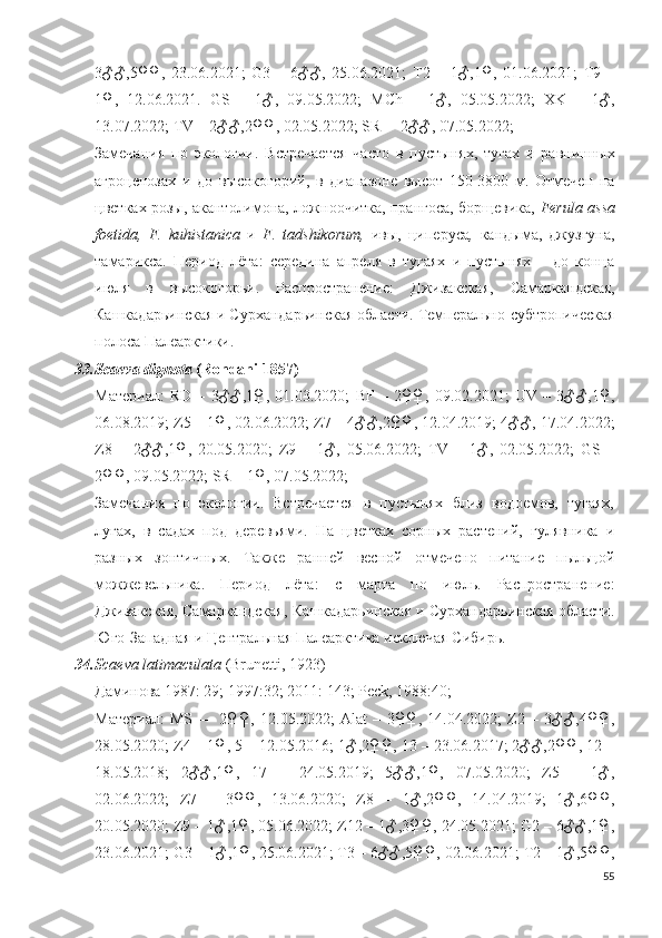 3♂♂,5♀♀,   23.06.2021;   G 3   –   6♂♂,   25.06.2021;   T 2   –   1♂,1♀,   01.06.2021;   T 9   –
1♀,   12.06.2021.   GS   –   1♂,   09.05.2022;   MCh   –   1♂,   05.05.2022;   XK   –   1♂,
13.07.2022;  TV  – 2♂♂,2♀♀, 02.0 5.2022;  SR  –  2♂♂, 07.05.2022;  
Замечания   по   экологии.   Встречается   часто   в   пустынях,   тугах   и   равнинных
агроценозах   и   до   высокогорий,   в   диапазоне   высот   150-3800   м.   Отмечен   на
цветках розы, акантолимона, ложноочитка, прангоса, борщевика,   Ferula   assa
foetida ,   F .   kuhistanica   и   F .   tadshikorum ,   ивы,   циперуса ,   кандыма,   джузгуна,
тамарикса.   Период   лёта:   середина   апреля   в   тугаях   и   пустынях   –   до   конца
июля   в   высокогорьи.   Распространение:   Джизакская,   Самаркандская,
Кашкадарьинская и Сурхандарьинская области.  Темперально-субтропическая
полоса Палеарктики.
33. Scaeva dignota   (Rondani 1857)
Материал:   RD   –   3♂♂,1♀,   01.03.2020;   BF   –   2♀♀,   09.02.2021 ;   UV   –   3♂♂,1♀,
06.08.2019; Z5 – 1♀, 02.06.2022; Z7 – 4♂♂,2♀♀, 12.04.2019; 4♂♂, 17.04.2022;
Z8   –   2♂♂,1♀,   20.05.2020;   Z9   –   1♂,   05.06.2022;   TV   –   1♂,   02.05.2022;   GS   –
2♀♀, 09.05.2022; SR – 1♀, 07.05.2022; 
Замечания   по   экологии.   Встречается   в   пустынях   близ   водоемов,   тугаях,
лугах,   в   садах   под   деревьями.   На   цветках   сорных   растений,   гулявника   и
разных   зонтичных.   Также   ранней   весной   отмечено   питание   пыльцой
можжевельника.   Период   лёта:   с   марта   по   июль.   Распространение:
Джизакская, Самаркандская, Кашкадарьинская и Сурхандарьинская области.
Юго-Западная и Центральная Палеарктика исключая Сибирь. 
34. Scaeva latimaculata  (Brunetti, 1923)
Даминова 1987: 29; 1997:32; 2011: 143 ;  Peck, 1988: 40 ;
Материал:   MS   ––   2♀♀,   12.05.2022;   Alat   –   3♀♀,   14.04.2022;   Z2   –   3♂♂,4♀♀,
28.05.2020; Z4 – 1♀, 5 – 12.05.2016; 1♂,2♀♀, 13 – 23.06.2017; 2♂♂,2♀♀, 12 –
18.05.2018;   2♂♂,1♀,   17   –   24.05.2019;   5♂♂,1♀,   07.05.2020;   Z5   –   1♂,
02.06.2022;   Z7   –   3♀♀,   13.06.2020;   Z8   –   1♂,2♀♀,   14.04.2019;   1♂,6♀♀,
20.05.2020;  Z9 – 1♂,1♀, 05.06.2022; Z12 – 1♂,3♀♀, 24.05.2021; G2 – 6♂♂,1♀,
23.06.2021; G3 – 1♂,1♀, 25.06.2021; T3 – 6♂♂,5♀♀, 02.06.2021;  T2 – 1♂,5♀♀,
55 