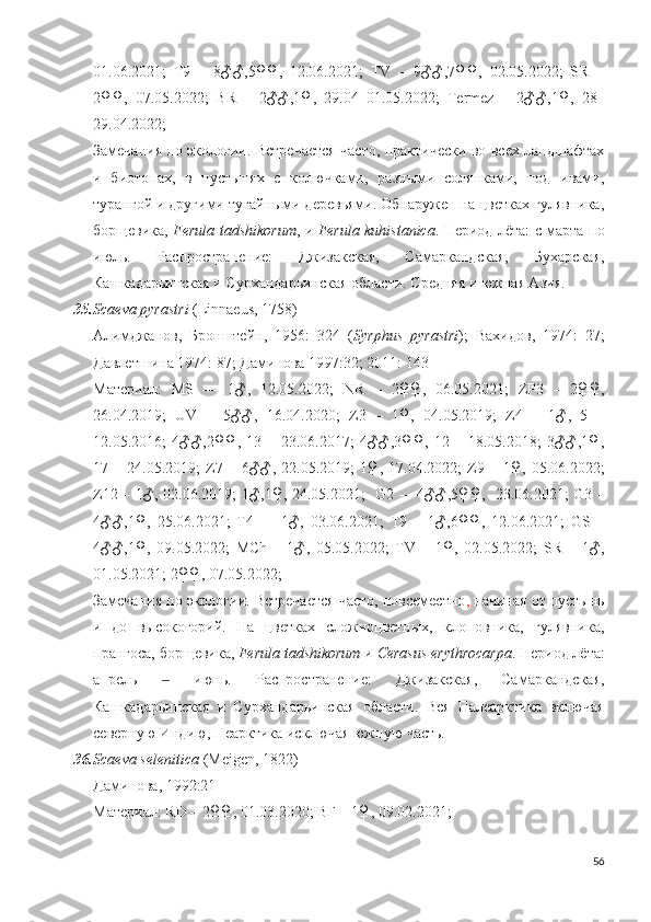 01.06.2021;   T9   –   8♂♂,5♀♀,   12.06.2021;   TV   –   9♂♂,7♀♀,   02.05.2022;   SR   –
2♀♀,   07.05.2022;   BR   –   2♂♂,1♀,   29.04–01.05.2022;   Termez   –   2♂♂,1♀,   28–
29.04.2022; 
Замечания по экологии. Встречается часто, практически во всех ландшафтах
и   биотопах,   в   пустынях   с   колючками,   разными   солянками,   под   ивами,
турангой и другими тугайными деревьями. Обнаружен на цветках гулявника,
борщевика,   Ferula tadshikorum , и   Ferula kuhistanica . Период лёта: с марта по
июль.   Распространение:   Джизакская,   Самаркандская,   Бухарская,
Кашкадарьинская и Сурхандарьинская области. Средняя и южная Азия. 
35. Scaeva pyrastri  (Linnaeus, 1758)
Алимджанов,   Бронштейн,   1956:   324   ( Syrphus   pyrastri );   Вахидов,   1974:   27;
Давлетшина 1974: 87; Даминова 1997:32; 2011: 143
Материал:   MS   ––   1♂,   12.05.2022;   NR   –   2♀♀,   06.05.2021;   ZP 3   –   2♀♀,
26.04.2019;   UV   –   5♂♂,   16.04.2020;   Z 3   –   1♀,   04.05.2019;   Z 4   –   1♂,   5   –
12.05.2016;   4♂♂ ,2♀♀,   13   –   23.06.2017;   4♂♂,3♀♀,   12   –   18.05.2018;   3♂♂,1♀,
17  –   24.05.2019;   Z 7  –   6♂♂,  22.05.2019;   1♀,  17.04.2022;   Z 9  –   1♀,  05.06.2022;
Z 12 – 1♂, 02.06.2019; 1♂,1♀, 24.05.2021;    G 2 –   4♂♂,5♀♀,   23.06.2021;   G 3 –
4♂♂,1♀,   25.06.2021;   T 4   –     1♂,   03.06.2021;   T 9   –   1♂,6♀♀,   12.06.2021;   GS   –
4♂♂,1♀,   09.05.2022;   MCh   –   1♂,   05.05.2022;   TV   –   1♀,   02.05.2022;   SR   –   1♂,
01.05.2021; 2♀♀, 07.05.2022;
Замечания по экологии. Встречается часто, повсеместно ,  начиная от пустынь
и   до   высокогорий.   На   цветках   сложноцветных,   клоповника,   гулявника,
прангоса, борщевика,  Ferula tadshikorum  и  Cerasus erythrocarpa . Период лёта:
апрель     июнь.   Распространение:   Джизакская,   Самаркандская,‒
Кашкадарьинская   и   Сурхандарьинская   области.   Вся   Палеарктика   включая
северную Индию, Неарктика исключая южную часть. 
36. Scaeva selenitica  (Meigen, 1822)
Даминова, 1992:21 
Материал: RD – 2♀♀, 01.03.2020; BF – 1♀, 09.02.2021;  
56 