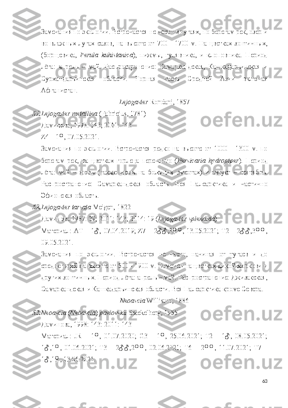 Замечания по экологии. Встречается не часто в тугаях, по берегам рек, озер и
во   влажных   лугах   сазов,   на   высоте   от   700   -   1700   м.   На   цветках   зонтичных,
(борщевика,   Ferula   kuhistanica ),   пижмы,   гулявника,   и   клоповника.   Период
лёта:   апрель     май.   Распространение:   Самаркандская,   Кашкадарьинская   и‒
Сурхандарьинская   области.   Горная   часть   Средней   Азии   включая
Афганистан.
Lejogaster  Rondani, 1857
51. Lejogaster metallina  (Fabricius, 1781)
Даминова, 1998: 143; 2011: 143
Z4 – 1♀, 07.05.2021.
Замечания   по   экологии.   Встречается   редко   на   высоте   от   1000   -   1300   м.   по
берегам   рек,   на   цветках   горлеца   перечного   ( Persicaria   hydropiper ).   Период
лёта:   май     июнь	
‒   (также   июль   на   больших   высотах)   и   август     сентябрь.	‒
Распространение:   Самаркандская   область.   Вся   Палеарктика   и   частично
Эфиопская область. 
52. Lejogaster tarsata   Meigen, 1822 
Даминова 1987: 29; 2011: 143; 2014: 19  ( Lejogaster splendida ) 
Материал:  AT – 1♂, 07.04.2019;  Z7 – 2♂♂,3♀♀, 13.05.2021; T2 – 2♂♂,3♀♀,
09.05.2021.
Замечания   по   экологии.   Встречается   не   часто,   начиная   от   тугаев   и   до
среднегорий на высоте от 500 - 1900 м. Отмечен на цветках дикой моркови и
других зонтичных. Период лёта: апрель   май. Распространение: Джизакская,	
‒
Самаркандская и Кашкадарьинская области. Вся Палеарктика кроме Севера.
Neoascia  Williston, 1886
53. Neoascia  ( Neoascia )  pavlovskii  Stackelberg, 1955
Даминова, 1998: 143: 2011: 143
Материал:   JR   –   1♀,   01.07.2020;   G3   –   1♀,   25.06.2021;   T2   –   1♂,   08.05.2021;
1♂,1♀,   01.06.2021;   T3   –   2♂♂,2♀♀,   02.06.2021;   T6   –   2♀♀,   11.07.2021;   T7   –
1♂,1♀, 13.06.2021.
63 