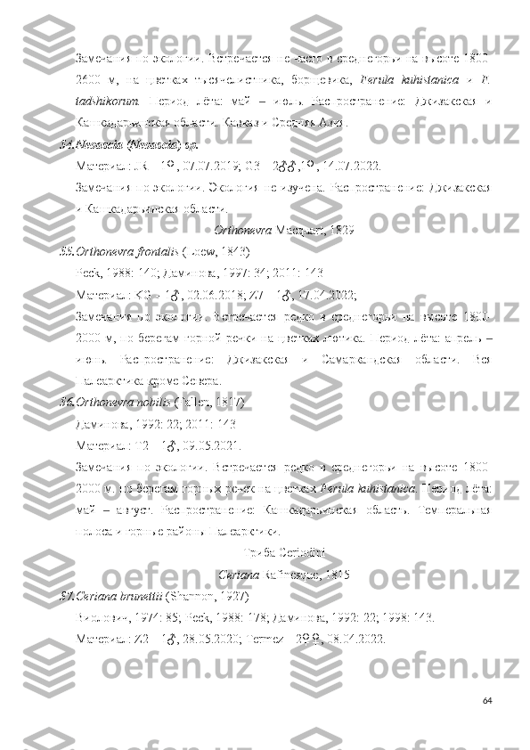 Замечания по экологии. Встречается не часто в среднегорьи на высоте 1800-
2600   м,   на   цветках   тысячелистника,   борщевика,   Ferula   kuhistanica   и   F.
tadshikorum.   Период   лёта:   май     июль.   Распространение:  ‒ Джизакская   и
Кашкадарьинская области.  Кавказ и Средняя Азия.
54. Neoascia  ( Neoascia )   sp.
Материал: JR – 1♀, 07.07.2019;  G3 – 2♂♂,1♀, 14.07.2022 . 
Замечания  по экологии. Экология  не изучена.   Распространение:   Джизакская
и  Кашкадарьинская области.
Orthonevra  Macquart, 1829
55. Orthonevra frontalis  (Loew, 1843)
Peck, 1988:  140 ; Даминова, 1997: 34; 2011: 143
Материал: KG – 1♂, 02.06.2018 ;  Z7 – 1♂, 17.04.2022;
Замечания   по   экологии.   Встречается   редко   в   среднегорьи   на   высоте   1800-
2000 м, по  берегам  горной  речки  на цветках  лютика.  Период лёта:  апрель 	
‒
июнь.   Распространение:   Джизакская   и   Самаркандская   области.   Вся
Палеарктика кроме Севера.
56. Orthonevra nobilis  (Fallen, 1817)
Даминова, 1992: 22; 2011: 143
Материал: T2 – 1♂, 09.05.2021.
Замечания   по   экологии.   Встречается   редко   в   среднегорьи   на   высоте   1800-
2000 м. по берегам горных речек на цветках   Ferula kuhistanica . Период лёта:
май     август.   Распространение:   Кашкадарьинская   область.   Темперальная	
‒
полоса и горные районы Палеарктики.
Триба Ceriodini
Ceriana  Rafinesque, 1815
57. Ceriana brunettii  (Shannon, 1927)
Виолович, 1974: 85; Peck, 1988:  178 ; Даминова, 1992: 22; 1998: 143.
Материал: Z2 – 1♂, 28.05.2020; Termez – 2♀♀, 08.04.2022.
64 