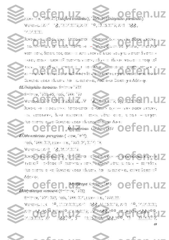 Даминова 1988:90 ( Tubifera   trivittatus ); 1992: 24 ( Helophilus parallelus ). 
Материал: ZP1 – 1♂, 13.04.2019; ZP3 – 1♀, 07.05.2019; ZP2 – 2♂♂,  
14.04.2020. 
Замечания   по   экологии.   Встречается   не   часто   и   единичными   экземплярами.
Предпочтительная   среда   обитания    ‒ водно-болотные   угодья,   открытая
местность;   берега  рек,  сезонно   затопляемые   влажные   луга.   Летает   быстро  и
низко,   среди   наземной   растительности,   обычно   вблизи   медленно   текущей
воды.   Нами   было   отмечено   в   основном   посещение   крестоцветных   и
зонтичных. Период лёта: май   октябрь, с пиком в августе. Распространение:	
‒
Самаркандская область. Вся Палеарктика, исключая Северную Африку.
66. Helophilus turanicus   Smirnov 1923
Smirnov, 1923: 85; Peck, 1988: 197
Материал: ZP3 – 1♀, 07.05.2019;  UV – 1♂, 06.08.2019; 1♀, 01.05.2020. 
Замечания   по   экологии.   Встречается   не   часто   и   единичными   экземплярами,
под   деревьями,   близ   водоемов.   Период   лёта:   конец   апреля     август.	
‒
Распространение: Самаркандская область. Средняя Азия.  
Mesembrinus  Rondani, 1857
67. Mesembrinus peregrinus  (Loew, 1846).
Peck, 1988:  203 ; Даминова, 1992: 24; 2014: 18.
Материал: ZP3 – 1♂, 26.04.2019.
Замечания по экологии. Встречается не часто и единичными экземплярами в
высокой   прибрежной   растительности.   Период   лёта:   апрель     сентябрь.	
‒
Распространение: Самаркандская область. Вся Палеарктика, кроме Северной
Африки.
Myathropa   Rondani, 1845
68. Myathropa   semenovi  (Smirnov, 1925)
Smirnov, 1924: 293; Peck, 1988:  204 ; Даминова, 1997: 33.
Материал: JR – 1♀, 01.07.2020; ZP1 – 2♂♂, 11.05.2019;  ZP2 – 1♀, 14.04.2020;
ZP3 – 1♂, 26.04.2019; 1♀, 07.05.2019; UV – 4♂♂,3♀♀, 06.08.2019; 4♂♂,3♀♀,
04.05.2020;   Z4   –   3♂♂,1♀,   5   –   12.05.2016;   2♂♂,2♀♀,   13   –   23.06.2017;
69 