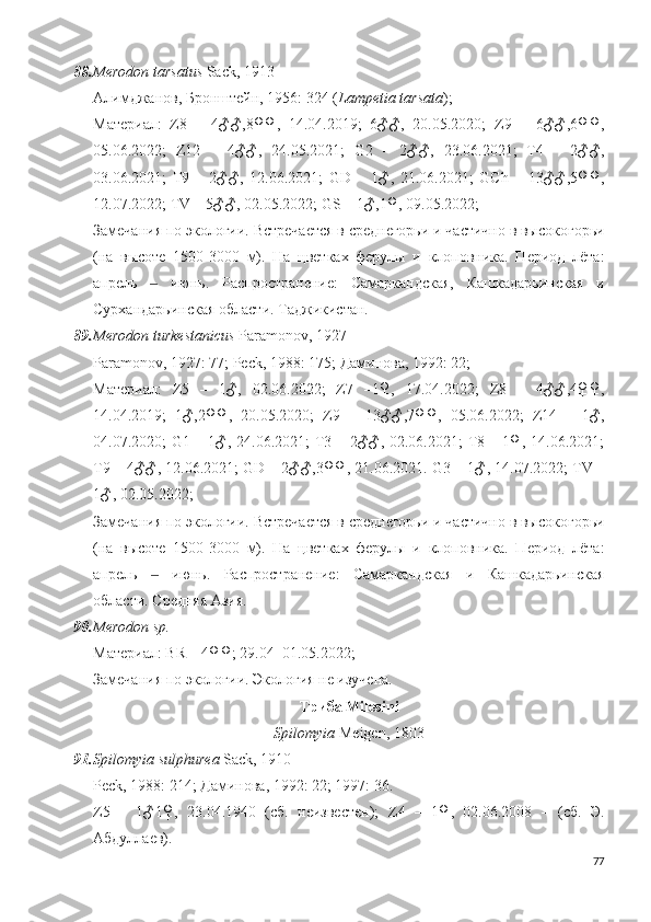 88. Merodon tarsatus  Sack, 1913
Алимджанов, Бронштейн, 1956: 324 ( Lampetia   tarsata ); 
Материал:   Z 8   –   4♂♂,8♀♀,   14.04.2019;   6♂♂,   20.05.2020;   Z 9   –   6♂♂,6♀♀,
05.06.2022;   Z 12   –   4♂♂,   24.05.2021;   G 2   –   2♂♂,   23.06.2021;   T 4   –   2♂♂,
03.06.2021;   T 9   –   2♂♂,   12.06.2021;   GD   –   1♂,   21.06.2021;   GCh   –   13♂♂, 5♀♀,
12.07.2022;   TV  – 5♂♂, 02.05.2022;  GS  – 1♂,1♀, 09.05.2022; 
Замечания по экологии. Встречается в среднегорьи и частично в высокогорьи
(на   высоте   1500-3000   м).   На   цветках   ферулы   и   клоповника.   Период   лёта:
апрель     июнь.   Распространение:   Самаркандская,   Кашкадарьинская   и‒
Сурхандарьинская области. Таджикистан.
89. Merodon   turkestanicus  Paramonov, 1927
Paramonov, 1927: 77; Peck, 1988:  175 ; Даминова, 1992: 22;
Материал :   Z5   –   1♂,   02.06.2022;   Z7   –1♀,   17.04.2022;   Z8   –   4♂♂,4♀♀,
14.04.2019;   1♂,2♀♀,   20.05.2020;   Z9   –   13♂♂,7♀♀,   05.06.2022;   Z14   –   1♂,
04.07.2020; G1 – 1♂, 24.06.2021; T3 – 2♂♂, 02.06.2021; T8 – 1♀, 14.06.2021;
T9 – 4♂♂, 12.06.2021; GD – 2♂♂,3♀♀, 21.06.2021.  G 3 – 1♂, 14.07.2022;  TV  –
1♂, 02.05.2022; 
Замечания по экологии. Встречается в среднегорьи и частично в высокогорьи
(на   высоте   1500-3000   м).   На   цветках   ферулы   и   клоповника.   Период   лёта:
апрель     июнь.   Распространение:   Самаркандская   и   Кашкадарьинская
‒
области. Средняя Азия.
90. Merodon  sp. 
Материал :  BR –  4 ♀♀; 29.04–01.05.2022;
Замечания по экологии. Экология не изучена. 
Триба Milesini
Spilomyia  Meigen, 1803
91. Spilomyia sulphurea  Sack, 1910
Peck, 1988: 21 4 ; Даминова, 1992: 22; 1997: 36.
Z 5   –   1♂1♀,   23.04.1940   (сб.   неизвестен);   Z 4   –   1♀,   02.06.2008   –   (сб.   Э.
Абдуллаев).
77 