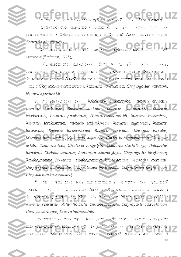 – Центрально-палеарктический субтропический подтип:  Syritta vittata, 
–   Cибирско-среднеазиатский   борео-монтанный   подтип,   этот   вид
распространён   в   Сибири   на   равнине,   а   в   Средней   Азии   только   в   горах:
Volucella plumatoides, 
–   Cибирско-среднеазиатский   температно-субтропический   подтип:   M.
semenovi  (Smirnov, 1925),
–   Кавказско-среднеазиатский   борео-монтанный   подтип:   виды,
распространение   которых   ограничено   в   основном   востоком   Средиземья   –
Кавказом  и Средней Азией, причем здесь они распространены в основном в
горах:   Chrysotoxum   caucasicum ,   Pipizella   mesasiatica ,   Chrysogaster   musatovi ,
Neoascia pavlovskii
7.   Среднеазиатские   виды:   Rohdendorfia   dimorpha,   Eumerus   aristatus ,
Eumerus   bactrianus ,   Eumerus   bilobatus,   Eumerus   gussakowskii,   Eumerus
kondarensis,   Eumerus   pamirorum,   Eumerus   roborovskii,   Eumerus   rushanicus,
Eumerus   tadzhikorum,   Eumerus   tadzhikorum,   Eumerus   tugajorum ,   Eumerus
turanicola,   Eumerus   turkmenorum,   Eumerus   ursiculus,   Merodon   tarsatus,
Merodon turkestanicus, Spilomyia sulphurea, Cheilosia heptapotamica, Cheilosia
arkita,   Cheilosia   lola,   Cheilosia   longistyla,   Cheilosia   stackelbergi,   Helophilus
turanicus, Ceriana sartorum, Anasimyia subtransfugus, Chrysogaster kirgisorum,
Xanthogramma   hissarica,   Xanthogramma   kirgisistanum,   Eupeodes   asiaticus,
Dasysyrphus   sublunulatus,   Chrysotoxum   bactrianum,   Chrysotoxum   kirghizorum,
Chrysotoxum kozhevnikovi, 
8.   Ирано-Туранские   виды   распространены   на   территории   Туранской
низменности,   гор   Центральной   Азии   и   Иранского   нагорья,   а   также   в
Кашмире:   [ 24;   c.   201–256;   29;   c.   237–253;   93;   c.   283–305;   94;   c.   197  220]:
Eumerus   coeruleus ,  Volucella   bella ,  Ceriana   brunettii ,   Chrysogaster   tadzhikorum ,
Paragus   abrogans ,  Scaeva   latimaculata .
При сравнении этих групп видно, что наиболее многочисленны виды со
среднеазиатскими   ареалами   (34   вид).   Но   ни   один   из   них   не   является
эндемиком   Узбекистана.   Относительно   высокий   уровень   эндемизма   в
87 