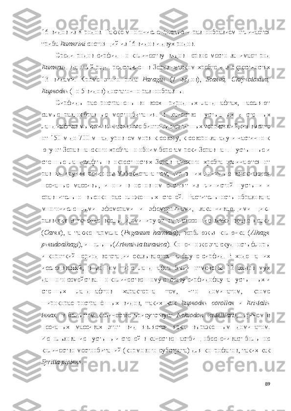 16 видов из 8 родов. Также многочисленностью и разнообразием отличается
триба  Eumerini  состоящий из 16 видов и двух родов. 
Среди   родов   сирфид   по   количеству   видов   первое   место   занимает   род
Eumerus .   Данный   род   представлен   в   Зеравшанском   хребте   и  в   окрестностях
13   видами.   Кроме   этого   рода   Paragus   (7   видов),   Scaeva,   Chrysotoxum,
Eupeodes  (по 5 видов)   достаточно разнообразны.
Сирфиды   распространены   во   всех   природных   ландшафтах,   населяют
самые   разнообразные   местообитания.   В   качестве   пустынных   и   степных
ландшафтов  мы приняли аридные биотопы равнинных территорий, на высоте
от 150 м до 700 м над уровнем моря к северу, к северо-западу и частично к
югу от Зеравшанского хребта по обоим берегам реки Зеравшан. Пустынные и
степные   ландшафты   в   окрестностях   Зеравшанского   хребта   отличаются   от
равнин   других   регионов   Узбекистана   тем,   что   в   них   почти   не   встречаются
песчаные   массивы,   и   они   в   основном   состоят   из   глинистой   пустыни   и
сравнительно   высоко   расположенных   степей.   Растительность   образована
многочисленными   эфемерами   и   эфемероидами,   заканчивающими   цикл
развития   в   течение   весны.   Доминируют   ранневесенние   злаки   вроде   осоки
( Carex ),   а   также   гармала   ( Peganum   harmala ),   верблюжья   колючка   ( Alhage
pseudoalhagi ), и полынь ( Аrtemisia turanica ). Конечно же эта скудность флоры
и   короткий   период   вегетации   сказываются   на   фауне   сирфид.   В   ходе   наших
исследований,   в   данном   типе   ландшафта   были   отмечены   12   видов   мух
данного семейства. По количественному составу сирфидофауна пустынных и
степных   ландшафтов   характерна   тем,   что   доминатом,   кроме
широкораспространённых   видов,   таких   как   Eupeodes   corollae   и   Eristalis
tenax,   в   большом   количестве   присутствует   Ischiodon   scutelllaris,   причем   в
песчаных   массивах   этот   вид   является   ярко   выраженным   доминатом.
Использование пустынь и степей в качестве  пастбищ обеспечивает  большое
количество местообитаний (кормового субстрата) для копрофагов, таких как
Syritta pipiens . 
89 