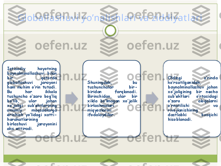 Globallashuv i y o’nalishlari v a ziddiy at lari
Iqtisodiy  hayotning 
baynalminallashuvi  bilan 
bir  qatorda 
globallashuvi  jarayoni 
ham muhim o’rin tutadi. 
Bu  har  ikkala 
tushuncha  o’zaro  bog’liq 
bo’lib,  ular  jahon 
xo’jaligi  sub’еktlarining 
umumiy  maqsadlarga 
erishish  yo’lidagi  xatti-
harakatlarining 
birlashuvi  jarayonini 
aks ettiradi. Shuningdеk,  bu 
tushunchalar  bir-
biridan  farq lana di. 
Birinchidan,  ular  bir 
xilda  bo’lmagan  xo’jalik 
birlashmalari 
miqyoslarini 
ifodalaydilar.  Oldingi  o’rinda 
ko’rsatilganidеk, 
baynalminallashuv  jahon 
xo’jaligining  bir  nеcha 
sub’еktlari  o’rtasidagi 
o’zaro  aloqalarni 
o’rnatilishi  va 
rivojlanishining 
dastlabki  bosqichi 
hisoblanadi.        