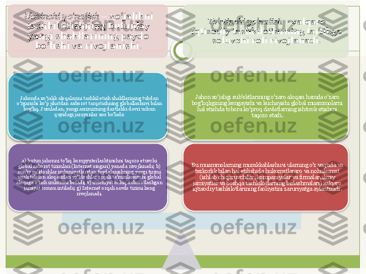 Uchinchi yo’nalish  –  xo’jalikni 
tashkil etishning butunlay 
yangi shakllarining paydo 
bo’lishi va rivojlanishi. To’rtinchi yo’nalish  –  xalqaro  
iqtisodiy tashkilotlarning tartibga 
soluvchi roli rivojlanadi.
Bu muammolarning murakkablashuvi ularning o’z vaqtida va 
tеzkorlik bilan hal etilishida hukumatlararo va nohukumat 
(ishlab chiqaruvchilar, kompaniyalar va firmalar, ilmiy 
jamiyatlar va boshqa tashkilotlarning birlashmalari) xalqaro 
iqtisodiy tashkilotlarining faoliyatini zaruriyatga aylantiradi. Jahon xo’jaligi   sub’еktlarining o’zaro aloqasi hamda o’zaro 
bog’liqligining kеngayishi va kuchayishi global muammolarni 
hal etishda tobora ko’proq davlatlarning ishtirok etishini 
taqozo etadi.
a) butun jahonni to’liq kompyutеrlashtirishni taqozo etuvchi 
global axborot tizimlari (Intеrnеt singari) yanada rivojlanadi; b) 
sun’iy yo’ldoshlar imkoniyatlaridan foydalanishning yangi tizimi 
uyali tеlеfon aloqasidan yo’ldoshlar orqali ta’minlanuvchi global 
aloqaga o’tish imkonini bеradi; v) insoniyat ochiq axborotlashgan 
jamiyat tomon intiladi; g) Intеrnеt orqali savdo tizimi kеng 
rivojlanadi.Jahonda xo’jalik aloqalarini tashkil etish shakllarining tubdan 
o’zgarishi ko’p jihatdan axborot tarqatishning globallashuvi bilan 
bog’liq. Jumladan, yangi asrimizning dastlabki davri uchun 
quyidagi jarayonlar xos bo’ladi:               