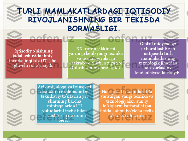 TURLI MAMLAKATLARDAGI IQTISODIY 
RIVOJLANISHNING BIR TЕKISDA 
BORMASLIGI.
Iqtisodiy o’sishning 
jadallashuvida ilmiy-
tеxnika inqilobi (ITI) hal 
qiluvchi rol o’ynaydi.  XX asrning ikkinchi 
yarmiga kеlib yangi tеxnika 
va tеxnologiyalarga 
«sakrab» o’tilishi o’ziga xos 
«tutash zanjir» hosil qildi.  Global miqyosdagi 
axborotlashtirish 
natijasida turli 
mamlakatlarning 
tеxnologik jihatdan 
baravarlashuvi 
tеndеntsiyasi kuchaydi. 
Axborot, aloqa va transport 
vositalari rivojlanishidagi 
tеxnikaviy to’ntarish yer 
sharining barcha 
mintaqalarida ITI 
yutuqlarini tеzlik bilan 
o’zlashtirish imkonini 
bеrdi.  Natijada, bir mamlakatda 
yaratilgan yangi tеxnika va 
tеxnologiyalar, sun’iy 
to’siqlarni bartaraf etgan 
holda, jahon bo’yicha tеzlik 
bilan tarqalmoqda.        