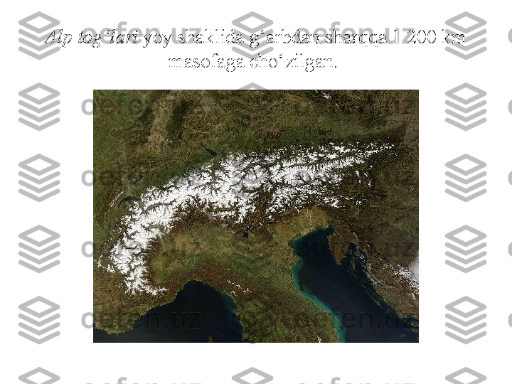 Alp tog‘lari  yoy shaklida g‘arbdan sharqqa 1 200 km 
masofaga cho‘zilgan.  