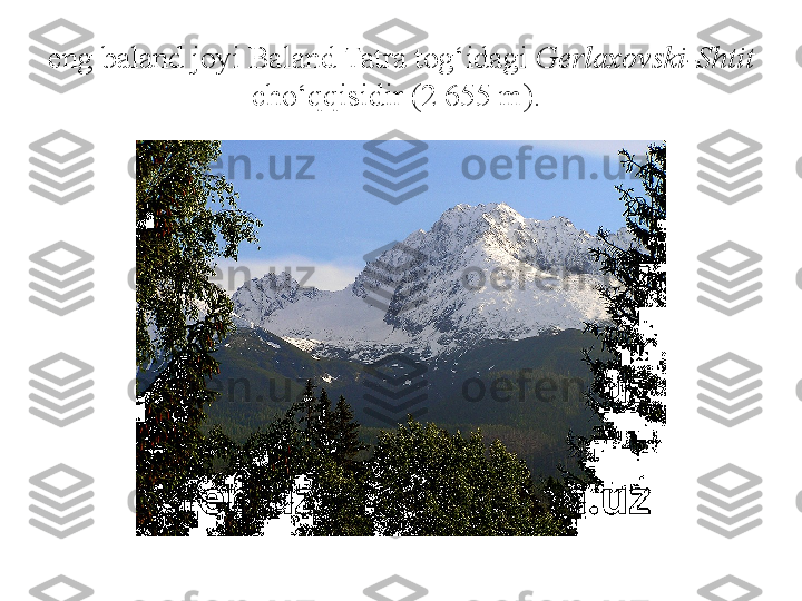 eng baland joyi Baland Tatra tog‘idagi  Gerlaxovski-Shtit  
cho‘qqisidir (2 655 m).  