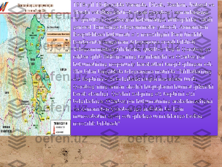 1918-yil 19-fevralda Varanda, Dizak, Xachen, Jraberd va 
Shushi vakillari ishtirok etgan Qorabog‘ armanlarining 
IV qurultoyi Ozarbayjon hukumatiga, ittifoqchilar vakili 
general Tomsonga telegrammalar yubordi. Armaniston 
Respublikasi hukumati o`z noroziligini Parij tinchlik 
konferentsiyasiga ham telegramma orqali bildirdi. 
Telegrammada aytilishicha, qurultoy Tog`li Qorabog`ga 
rahbar qilib Sultonovning tayinlanishi va Ozarbayjon 
hukumatining noqonuniy harakatlari tanqid qilingan edi. 
Shu bilan birgalikda telegramma matnida “Millatlarning 
o z taqdirini o zi belgilashi nuqtai nazaridan turib, ʻ ʻ
Qorabog ning arman aholisi huquqlarini hurmat qilinishi 	
ʻ
kerak ekanligi. Qo'shni xalqning o'z taqdirini o'zi 
belgilashiga  Ozarbayjon hukumatining aralashmasligini 
va Armaniston Qorabog'iga nisbatan bo`lgan 
munosabatini oyoq osti qilishga urinishlariga keskin 
norozilik bildiradi"
          