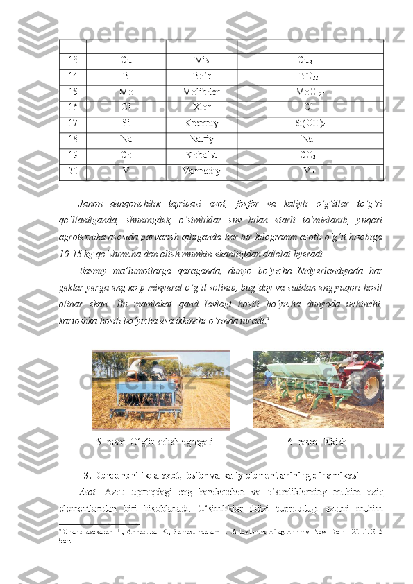 13 Cu Mis Cu
2 ++
14 B Bo‘r BO
33 -
15 Mo Molibden MoO
42 -
16 Cl Xlor Cl-
17 Si Kremniy Si(OH)
4
18 Na Natriy Na+
19 Co Kobalьt C O
2 +
20 V Vannadiy V+
Jahon   dehqonchilik   tajribasi   azot,   fosfor   va   kaliyli   o‘g‘itlar   to‘g‘ri
qo‘llanilganda,   shuningdek,   o‘simliklar   suv   bilan   etarli   ta’minlanib,   yuqori
agrotexnika asosida parvarish qiliiganda har bir kilogramm azotli o‘g‘it hisobiga
10-15 kg qo‘shimcha don olish mumkin ekanligidan dalolat byeradi.
Rasmiy   ma’lumotlarga   qaraganda,   dunyo   bo‘yicha   Nidyerlandiyada   har
gektar yerga eng ko‘p minyeral o‘g‘it solinib, bug‘doy va sulidan eng yuqori hosil
olinar   ekan.   Bu   mamlakat   qand   lavlagi   hosili   bo‘yicha   dunyoda   uchinchi,
kartoshka hosili bo‘yicha esa ikkinchi o‘rinda turadi . 9
5 - rasm.   O‘g‘it solish agregati 6 - rasm.  Ekish
3. Dehqonchilikda azot, fosfor va kaliy elementlarining dinamikasi
Azot.   Azot   tuproqdagi   eng   harakatchan   va   o‘simliklarning   muhim   oziq
elementlaridan   biri   hisoblanadi.   O‘simliklar   ildizi   tuproqdagi   azotni   muhim
9
  Chandrasekaran B., Annadurai K., Samasundaram E. A textbook of agronomy. New Delhi. 2010. 215
бет. 