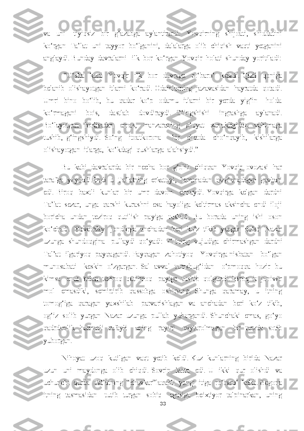 va     uni       tiyiqsiz     bir     g‘azabga     aylantirardi.     Yovqirning     shijoati,     shiddatini
ko‘rgan   Ta’lat   uni   tayyor   bo‘lganini,   dalalarga   olib   chiqish   vaqti   yetganini
anglaydi. Bunday  davralarni   ilk  bor  ko‘rgan  Yovqir  holati  shunday  yoritiladi :
     -“O‘sha     kuni     Yovqir     ilk     bor     davraga     ro‘baro‘     keladi.   Qizil     qoniga
belanib  olishayotgan  itlarni  ko‘radi. Odamlarning  jazavasidan  hayratda  qotadi.
Umri     bino     bo‘lib,     bu     qadar     ko‘p     odamu     itlarni     bir     yerda     yig‘in       holda
ko‘rmagani     bois,     dastlab     dovdiraydi.   G‘ingshishi     ingrashga     aylanadi.
Bo‘layotgan     hodisadan     emas,     manzaraning     g‘oyat     xunukligidan     vahimaga
tushib,   g‘ingshiydi.   So‘ng     itoatkorona       bir     chetda     cho‘nqayib,     kishilarga
olishayotgan  itlarga,  ko‘kdagi  qushlarga  alahsiydi.”
         Bu   kabi   davralarda   bir   necha   bor   g‘olib   chiqqan   Yovqir   ovozasi   har
tarafga  yoyiladi.Endi  u  Ta’latning  erkatoyi,  hammadan  qizg‘onadigan  gavhari
edi.   Biroq     baxtli     kunlar     bir     umr     davom     etmaydi.   Yovqirga     kelgan     dardni
Ta’lat  sezar,  unga  qarshi  kurashni  esa  hayoliga  keltirmas  aksincha  endi  iloji
boricha     undan    teziroq    qutilish     payiga    tushadi.   Bu     borada     uning     ishi     oson
ko‘chadi.  Yovqirday   jondorga  anchadan  beri  ko‘z  tikib  yurgan  do‘sti  Nazar
uzunga  shundoqgina   pullaydi  qo‘yadi :  -“Itning  vujudiga  chirmashgan  dardni
Tal’at   ilgariyoq   payqagandi. Payqagan   zahotiyoq     Yovqirga nisbatan     bo‘lgan
munosabati      keskin   o‘zgargan. Sal   avval   tumshug‘idan     o‘pmoqqa   hozir   bu
kimsa   endi  itdan  teziroq  qutilmoq   payiga  tushib  qolgandi. Biroq  it  jonivor
mol     emasdiki,     semirtirib     qassobga     oshirsang.   Shunga     qaramay,     u     itning
tomog‘iga     qaragan     yaxshilab       parvarishlagan     va     anchadan     beri     ko‘z     tikib,
og‘iz  solib   yurgan   Nazar   uzunga  pullab  yuborgandi. Shunchaki  emas,  go‘yo
qadrdonlik   hurmatli    tufayli      uning     rayini      qaytarolmagan      bir    tarzda   sotib
yuborgan.
       Nihoyat   uzoq   kutilgan   vaqt   yetib   keldi. Kuz   kunlarning   birida   Nazar
uzun     uni     maydonga     olib     chiqdi.   Sovrin     katta     edi.   U     ikki     qur     olishdi     va
uchunchi  qurda  Tal’atning  “chavkar”laqabli  yangi  itiga  ro‘baro‘  keldi. Begona
itning    tasmasidan       tutib    turgan    sobiq       egasiga     beixtiyor    talpinarkan,    uning
33 