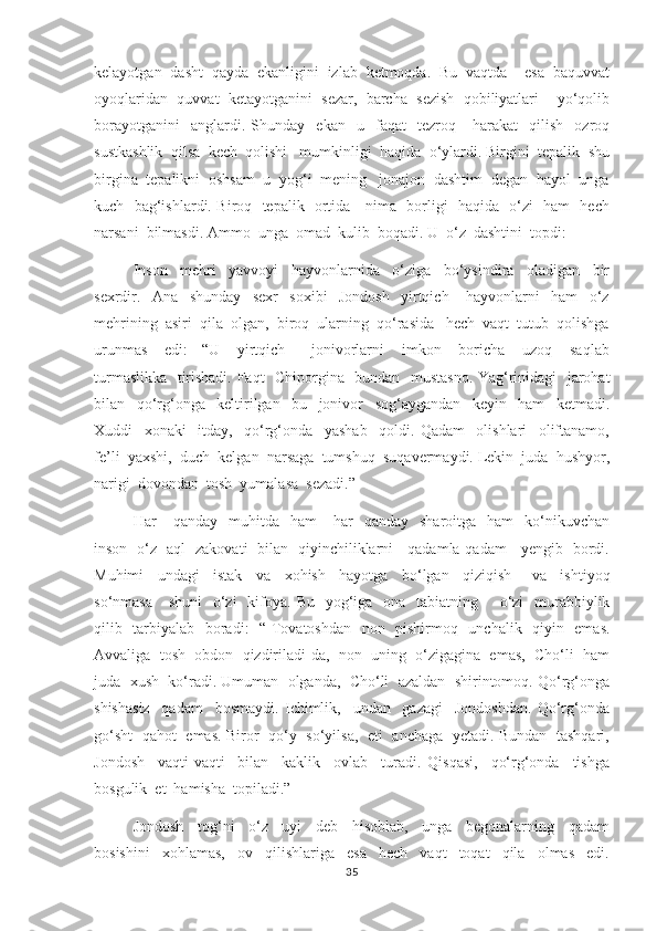 kelayotgan  dasht  qayda  ekanligini  izlab  ketmoqda.  Bu  vaqtda    esa  baquvvat
oyoqlaridan  quvvat  ketayotganini  sezar,  barcha  sezish  qobiliyatlari    yo‘qolib
borayotganini     anglardi.   Shunday    ekan     u     faqat     tezroq      harakat     qilish     ozroq
sustkashlik  qilsa  kech  qolishi   mumkinligi  haqida  o‘ylardi. Birgini  tepalik  shu
birgina  tepalikni  oshsam  u  yog‘i  mening   jonajon  dashtim  degan  hayol  unga
kuch   bag‘ishlardi. Biroq   tepalik   ortida     nima   borligi   haqida   o‘zi   ham   hech
narsani  bilmasdi. Ammo  unga  omad  kulib  boqadi. U  o‘z  dashtini  topdi :  
         Inson     mehri     yavvoyi     hayvonlarnida     o‘ziga     bo‘ysindira     oladigan     bir
sexrdir.     Ana     shunday     sexr     soxibi     Jondosh     yirtqich       hayvonlarni     ham     o‘z
mehrining  asiri  qila  olgan,  biroq  ularning  qo‘rasida   hech  vaqt  tutub  qolishga
urunmas     edi :   -“U     yirtqich       jonivorlarni     imkon     boricha     uzoq     saqlab
turmaslikka   tirishadi. Faqt   Chiporgina   bundan   mustasno. Yag‘rinidagi   jarohat
bilan     qo‘rg‘onga     keltirilgan     bu     jonivor     sog‘aygandan     keyin     ham     ketmadi.
Xuddi     xonaki     itday,     qo‘rg‘onda     yashab     qoldi.   Qadam     olishlari     oliftanamo,
fe’li  yaxshi,  duch  kelgan  narsaga  tumshuq  suqavermaydi. Lekin  juda  hushyor,
narigi  dovondan  tosh  yumalasa  sezadi.”  
       Har       qanday    muhitda    ham       har     qanday    sharoitga    ham    ko‘nikuvchan
inson   o‘z   aql- zakovati   bilan   qiyinchiliklarni     qadamla-qadam     yengib   bordi.
Muhimi     undagi     istak     va     xohish     hayotga     bo‘lgan     qiziqish       va     ishtiyoq
so‘nmasa      shuni    o‘zi    kifo ya . Bu   yog‘iga   ona   tabiatning       o‘zi    murabbiylik
qilib   tarbiyalab   boradi : -“ Tovatoshdan   non   pishirmoq   unchalik   qiyin   emas.
Avvaliga  tosh  obdon  qizdiriladi-da,  non  uning  o‘zigagina  emas,  Cho‘li  ham
juda  xush  ko‘radi. Umuman  olganda,  Cho‘li  azaldan  shirintomoq. Qo‘rg‘onga
shishasiz     qadam     bosmaydi.   Ichimlik,     undan     gazagi     Jondoshdan.   Qo‘rg‘onda
go‘sht   qahot   emas. Biror   qo‘y   so‘yilsa,   eti   anchaga   yetadi. Bundan   tashqari,
Jondosh     vaqti-vaqti     bilan     kaklik     ovlab     turadi.   Qisqasi,     qo‘rg‘onda     tishga
bosgulik  et  hamisha  topiladi.”  
       Jondosh     tog‘ni     o‘z     uyi     deb     hisoblab,     unga     begonalarning     qadam
bosishini     xohlamas,     ov     qilishlariga     esa     hech     vaqt     toqat     qila     olmas     edi.
35 