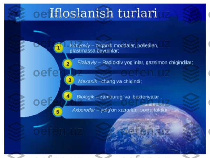 Atmosfera ekologiyasi
Hozirgi iqtisodiyot 
takomillashuvi 
atmosferaga oʻz taʼsirini 
oʻtkazmay qolmaydi. 
Aynan ishlab chiqarish 
korxonalari, zavodlar, 
fabrikalar atmosferaga 
zararli chiqindi 
moddalarni chiqaryapti. 