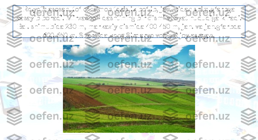 Relyefi, asosan, to lqinsimon tekislik bo lib, janubidan shim.g arbga ʻ ʻ ʻ
pasayib boradi. Mirzacho l dashtining bir qismi viloyat hududiga kiradi. 	
ʻ
Bal. shimubida 230 m, markaziy qismida 400-450 m, jan. va jan.g arbda 	
ʻ
600-650 m. Sharqida keng Sirdaryo vodiysi joylashgan. 