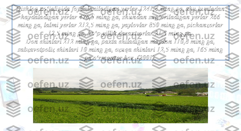 Qishloq xo jaligida foydalaniladigan yerlar 1241,4 ming ga, shu jumladan ʻ
haydaladigan yerlar 478,5 ming ga, shundan sug oriladigan yerlar 266 	
ʻ
ming ga, lalmi yerlar 212,5 ming ga, yaylovlar 850 ming ga, pichanzorlar 
12,5 ming ga, ko p-yillik daraxtzorlar 21,5 ming ga.	
ʻ
Don ekinlari 212 ming ga, paxta ekiladigan maydon 110,8 ming ga, 
sabzavotpoliz ekinlari 10 ming ga, ozuqa ekinlari 12,5 ming ga, 165 ming 
ga o rmonzor bor. (2001).
ʻ 