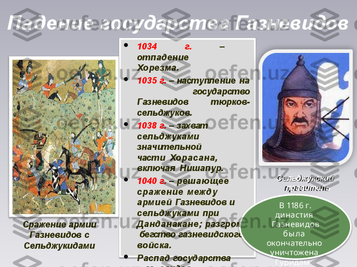 Падение   государства   Газневидов

103 4   г .   –  
о т па д ение   
Хорезма.

103 5   г .   –   наст у пл ен и е   на 
  государство 
Газневидов    тюрков-
сельджуков.

103 8   г .   –   з ахват  
сельджуками   
з нач ит ел ь но й  
ч ас т и   Хор асан а, 
включая    Нишапур.

104 0   г .   –   реш а ю щ е е    
с р а ж е н и е   межд у   
армией  Газневидов и   
сельджуками  при   
Данданак ане;   разгром   и 
  бегство   газневидского   
войска.

Распад   государства 
  Газневидов. С е ль д ж у к с к и й 
  правитель
Сражение   армии 
  Газневидов  с   
Сельджукидами В   118 6   г .
династия   
Г а з н еви д о в  
б ы л а   
окончательно   
уничтож ена   
Гу ридам и 