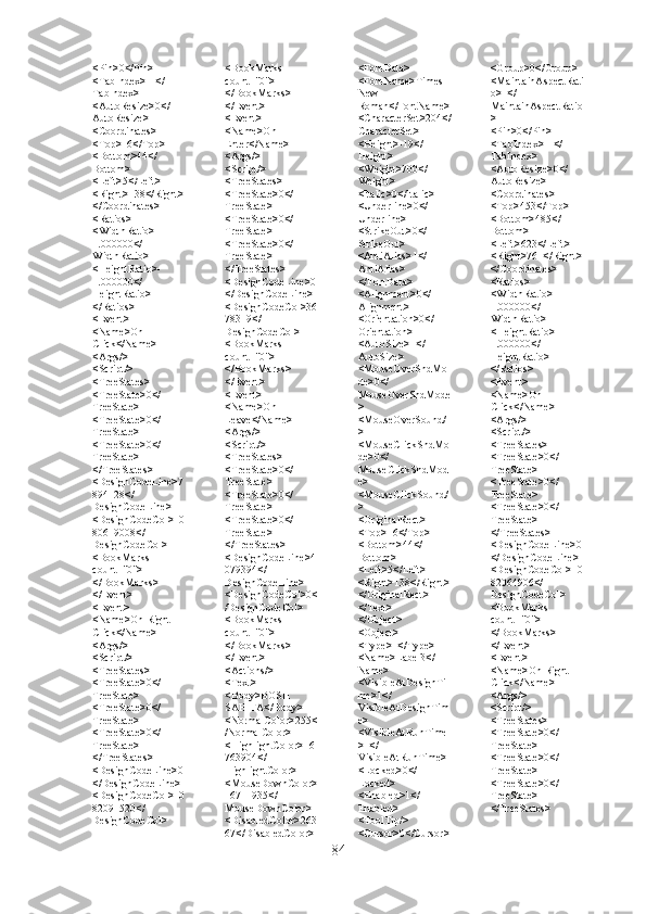 <Pin>0</Pin>
<TabIndex>-1</
TabIndex>
<AutoResize>0</
AutoResize>
<Coordinates>
<Top>16</Top>
<Bottom>44</
Bottom>
<Left>5</Left>
<Right>138</Right>
</Coordinates>
<Ratios>
<WidthRatio>-
1.000000</
WidthRatio>
<HeightRatio>-
1.000000</
HeightRatio>
</Ratios>
<Event>
<Name>On 
Click</Name>
<Args/>
<Script/>
<TreeStates>
<TreeState>0</
TreeState>
<TreeState>0</
TreeState>
<TreeState>0</
TreeState>
</TreeStates>
<DesignCodeLine>7
894128</
DesignCodeLine>
<DesignCodeCol>10
80619008</
DesignCodeCol>
<BookMarks 
count="0">
</BookMarks>
</Event>
<Event>
<Name>On Right-
Click</Name>
<Args/>
<Script/>
<TreeStates>
<TreeState>0</
TreeState>
<TreeState>0</
TreeState>
<TreeState>0</
TreeState>
</TreeStates>
<DesignCodeLine>0
</DesignCodeLine>
<DesignCodeCol>10
82091520</
DesignCodeCol> <BookMarks 
count="0">
</BookMarks>
</Event>
<Event>
<Name>On 
Enter</Name>
<Args/>
<Script/>
<TreeStates>
<TreeState>0</
TreeState>
<TreeState>0</
TreeState>
<TreeState>0</
TreeState>
</TreeStates>
<DesignCodeLine>0
</DesignCodeLine>
<DesignCodeCol>36
78319</
DesignCodeCol>
<BookMarks 
count="0">
</BookMarks>
</Event>
<Event>
<Name>On 
Leave</Name>
<Args/>
<Script/>
<TreeStates>
<TreeState>0</
TreeState>
<TreeState>0</
TreeState>
<TreeState>0</
TreeState>
</TreeStates>
<DesignCodeLine>4
079394</
DesignCodeLine>
<DesignCodeCol>0<
/DesignCodeCol>
<BookMarks 
count="0">
</BookMarks>
</Event>
<Actions/>
<Text>
<Body>BOSH 
SAHIFA</Body>
<NormalColor>255<
/NormalColor>
<HighlightColor>16
763904</
HighlightColor>
<MouseDownColor>
16711935</
MouseDownColor>
<DisabledColor>263
67</DisabledColor> <FontData>
<FontName>Times 
New 
Roman</FontName>
<CharacterSet>204</
CharacterSet>
<Height>-19</
Height>
<Weight>700</
Weight>
<Italic>0</Italic>
<Underline>0</
Underline>
<StrikeOut>0</
StrikeOut>
<AntiAlias>1</
AntiAlias>
</FontData>
<Alignment>0</
Alignment>
<Orientation>0</
Orientation>
<AutoSize>1</
AutoSize>
<MouseOverSndMo
de>0</
MouseOverSndMode
>
<MouseOverSound/
>
<MouseClickSndMo
de>0</
MouseClickSndMod
e>
<MouseClickSound/
>
<OriginalRect>
<Top>16</Top>
<Bottom>44</
Bottom>
<Left>5</Left>
<Right>138</Right>
</OriginalRect>
</Text>
</Object>
<Object>
<Type>1</Type>
<Name>Label3</
Name>
<VisibleAtDesignTi
me>1</
VisibleAtDesignTim
e>
<VisibleAtRunTime
>1</
VisibleAtRunTime>
<Locked>0</
Locked>
<Enabled>1</
Enabled>
<ToolTip/>
<Cursor>0</Cursor> <Group>0</Group>
<MaintainAspectRati
o>1</
MaintainAspectRatio
>
<Pin>0</Pin>
<TabIndex>-1</
TabIndex>
<AutoResize>0</
AutoResize>
<Coordinates>
<Top>453</Top>
<Bottom>485</
Bottom>
<Left>623</Left>
<Right>761</Right>
</Coordinates>
<Ratios>
<WidthRatio>-
1.000000</
WidthRatio>
<HeightRatio>-
1.000000</
HeightRatio>
</Ratios>
<Event>
<Name>On 
Click</Name>
<Args/>
<Script/>
<TreeStates>
<TreeState>0</
TreeState>
<TreeState>0</
TreeState>
<TreeState>0</
TreeState>
</TreeStates>
<DesignCodeLine>0
</DesignCodeLine>
<DesignCodeCol>10
82064906</
DesignCodeCol>
<BookMarks 
count="0">
</BookMarks>
</Event>
<Event>
<Name>On Right-
Click</Name>
<Args/>
<Script/>
<TreeStates>
<TreeState>0</
TreeState>
<TreeState>0</
TreeState>
<TreeState>0</
TreeState>
</TreeStates>
84 