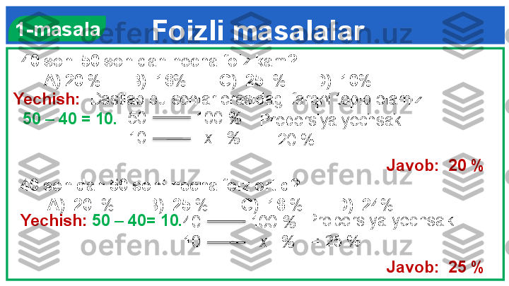 Foizli masalalar
40 soni 50 sonidan necha foiz kam?
      A) 20 %      B)  16%       C)  25  %      D)  10%  1-masala
40 sonidan 50 soni necha foiz ortiq?
       A)  20  %       B)  25 %       C)  16 %       D)  24%Yechish:   Dastlab bu sonlar orasidagi farqni topib olamiz.   
   50 – 40 = 10.  
Javob:  20 %
Yechish:  50 – 40= 10. 
  
Javob:  25 %50           100  %
10              x   %
Proporsiya yechsak 
  =  25 %40           100  %
10              x   % Proporsiya yechsak 
  = 20 %     