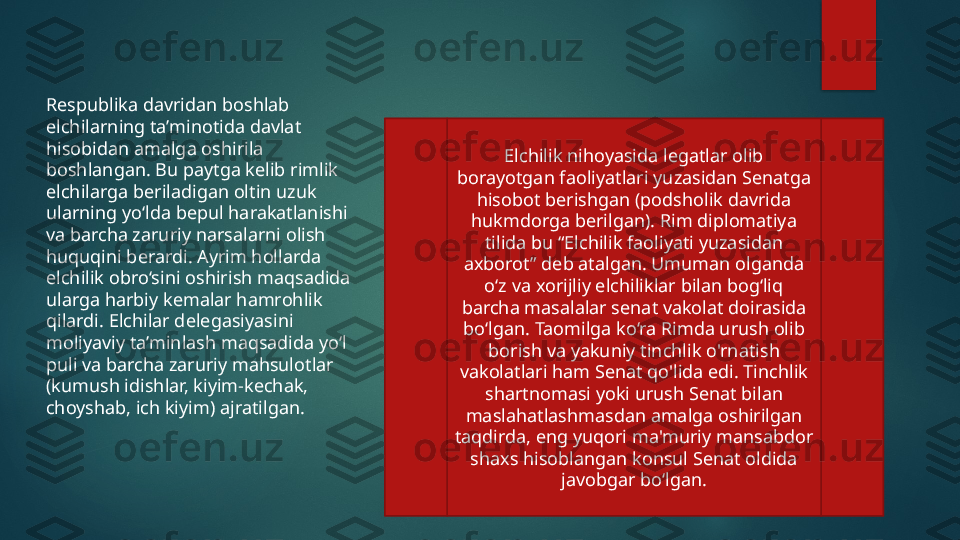 Respublika davridan boshlab 
elchilarning ta’minotida davlat 
hisobidan amalga oshirila 
boshlangan. Bu paytga kelib rimlik 
elchilarga beriladigan oltin uzuk 
ularning yo‘lda bepul harakatlanishi 
va barcha zaruriy narsalarni olish 
huquqini berardi. Ayrim hollarda 
elchilik obro‘sini oshirish maqsadida 
ularga harbiy kemalar hamrohlik 
qilardi. Elchilar delegasiyasini 
moliyaviy ta’minlash maqsadida yo‘l 
puli va barcha zaruriy mahsulotlar 
(kumush idishlar, kiyim-kechak, 
choyshab, ich kiyim) ajratilgan. Elchilik nihoyasida legatlar olib 
borayotgan faoliyatlari yuzasidan Senatga 
hisobot berishgan (podsholik davrida 
hukmdorga berilgan). Rim diplomatiya 
tilida bu “Elchilik faoliyati yuzasidan 
axborot” deb atalgan. Umuman olganda 
o‘z va xorijliy elchiliklar bilan bog‘liq 
barcha masalalar senat vakolat doirasida 
bo‘lgan. Taomilga ko‘ra Rimda urush olib 
borish va yakuniy tinchlik o'rnatish 
vakolatlari ham Senat qo'lida edi. Tinchlik 
shartnomasi yoki urush Senat bilan 
maslahatlashmasdan amalga oshirilgan 
taqdirda, eng yuqori ma'muriy mansabdor 
shaxs hisoblangan konsul Senat oldida 
javobgar bo‘lgan.   