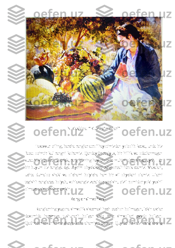 N.Kashina. “Kuz ne‘matlari”
             Tasavvur  qiling, barcha ranglar atrof hayotimizdan yo'qolib ketsa,  unda biz
faqat   oqimtir   kul   rangni   ko'ramiz.   Qandaydir   ma'yus,   bir   hillik   va   odatlanmagan
surat hosil bo'ladi. Demak, rang bizning hayotimizda muhim o'rinni egallaydi. Har
bir  buyum o'z rangiga ega. Ayrim obyektlarni rang orqali  idrok etamiz. Masalan,
uchta   dumaloq   shakl   va   o'lchami   bo'yicha   ham   bir   xil   obyektni   olamiz.   Ularni
tegishli   ranglarga  bo'yab,  xohlasangiz  zaraldoq apelsin,   qizil  pomidor   yoki  yashil
olmaga aylantirish mumkin.
                                            Ranglar simvolikasi
          Ranglarning yagona simvolik sistemasi hech qachon bo'lmagan, lekin asrlar
davomida   hammaga   tushunarli   bo'lgan   aniq   rang   simvollari   paydo   bo'lgan.
Qadimdan insonlar  ranglarga katta ahamiyat  bergan. Quyida bir  ba'zi  ranglarning 