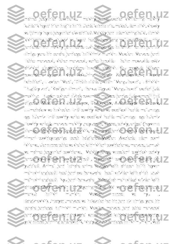 mehnat   jarayonlari   tasvirlansa,     maishiy   janrda   asarlar   kishilarning   maishiy
kundalik hayoti bilan bog'liq bo'lib ularda ko'proq oila, maktab, dam olish, shaxsiy
va ijtimoiy hayot jarayonlari aks etirilladi.Maishiy janr  odamlarning balki, o'tmish
kishilarning   turmush   tarzi   va   hayoti   haqida   ham   keng   ma'lumot   beradi.   Uning
janrlardan   biri   maishiy   janr   haqida   tushunchaga   ega   bo'lamiz.   Har   bir   janr   o'z
o'rniga   yana   bir   qancha   janrlarga   bo'lishimiz   mumkin.   Masalan:   Manzara   janri:
Tabiat   manzarasi,   shahar   manzarasi,   san’at   borasida       bahor   mavzusida   eskiz
chizishni   o'quvchilarga   bosqichma   bosqich   o'rgatish.   Shu   mavzuda   ishlagan
rassomlarni   aytamiz.   Kent   Rokulning   "Dengiz   Zahmatkashlari",   "Baxor
istiroblari", I.Levitan "Mart", "Girdob oldida", Rodin "Mangu  baxor", I. Snishkin
"Bug'doy   zor",   "Kesilgan   o'rmon",   Fransua   Ogyust   "Mangu   baxor"   asarlari   juda
mashhur.     Bundan   tashqari   o'zbek   rassomlari   manzara   janriga   juda   samarali   ijod
qilganlar.   Masalan;O'rol   Tansiqboyev,   Ch.Axmarov,   A.Abdullayev.   B.Javlonov,
J.Umarbekov   va   boshqalar.   Endi   tasviriy   san'at   va   estetikasi   haqida   ma'lumotga
ega   bulamiz   Endi   tasviriy   san'at   va   estetikasi   haqida   ma'lumotga     ega   bulamiz
Tasviriy  san'atda   manzara maishiy  ,natyurmort,  portret, tarixiy, animal   (hayvonot
olamiga oid) afsonaviy dengiz navislik, nyu interyer janrlari mavjud . Janr rassom
nimani   tasvirlayotganiga   qarab   belgilanadi.Masalan:   Asarlarda   odam   rasmi
ishlansa, ular portret tabiat va shahar ko'rinishlarii tasvirlarlansa, manzara, turmush
va   mehnat   jarayonlari   tasvirlansa,     Maishiy   janrga   voqealarni   tasvirlash   tarixiy
janr,tarixiy   insonlarni   tasvirlash   kiradi   ,   hayvonlarni   tasvirlash   animal   janr   deb
yuritiladi.   Animal   janri   lotincha   anima   so'zidan   kelib   chiqqan   bo'lib   hayvon
ma'nosini anglatadi. Batal janri esa fransuzcha - batall so’zidan kelib chiqb   urush
ma’nosini anglatadi.  Nyu janri fransuzcha - Yalang'och ma'nosidagi so’zdan kelib
chiqgandir.Ayrim   asarlalr     bir   paytning   o’zida   ikki   va   undan   ortiq   janrlarga
mansub   bo'lishi   mumkin.   Masalan:   portret   va   nyu   ,
dengiznavislik   ,interyer   ,manzara   va   hokazolar   har   bir   janr   o'z   o'rniga   yana   bir
qancha   janrlarga   Bo’linishi   mumkin.   Masalan:   manzara   janri   tabiat   manzarasi
janri,shahar   manzara     janri   industrial   sanoat   binolari   ko'rinishi   manzarasi   janriga
yoki portret janrining tantanavorlik, ishqiy guruhli janrlarga bo'lish mumkim, vaqt 