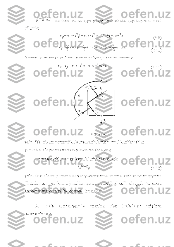 β=	α+90	∘  burchak   ostida   qiya   yotgan   yuzachada   quyidagilarni   hosil
qilamiz:	
σβ=	σ1cos	2β=	σ1cos	2(α+90	∘)=	σ1sin	2α
                          (3.9)	
τβ=	
σ1
2	sin	2β=	
σ1
2	sin	2(α+90	∘)=	−	
σ1
2	sin	2α
                      (3.10)
Normal kuchlanishlar formulalarini qo‘shib, ushbuni topamiz:	
σα+σβ=	σ1cos	2α+σ1sin	2α=	σ1
                                      (3.11)
                                                            3.2-rasm 
ya’ni ikki o‘zaro perpendikulyar yuzachalarda normal kuchlanishlar 
yig‘indisi o‘zgarmas va asosiy kuchlanishga teng.
Urinma kuchlanishlar formulalarini qiyoslasak:	
τα=−τβ
                                                       (3.12)
ya’ni ikki o‘zaro perpendikulyar yuzachalarda urinma kuchlanishlar qiymati
jihatidan   teng   va   ishora   jihatidan   qarama-qarshiligi   kelib   chiqadi.   Bu   xossa
kuchlanishlarning juftlik qonunu   deb ataladi.
2.   Tekis   kuchlanganlik   holatida   qiya   tekisliklar   bo’yicha
kuchlanishlar. 