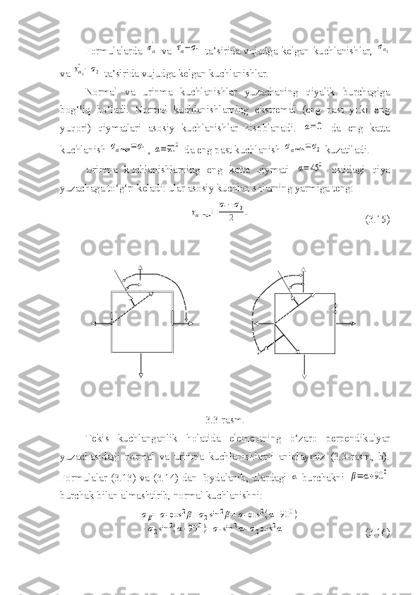 Formulalarda  σα'   va  	τα'−σ1   ta’sirida vujudga kelgan kuchlanishlar,  	σα1
''
va 	
τα1
''−σ2  ta’sirida vujudga kelgan kuchlanishlar.
Normal   va   urinma   kuchlanishlar   yuzachaning   qiyalik   burchagiga
bog‘liq   bo‘ladi.   Normal   kuchlanishlarning   ekstremal   (eng   past   yoki   eng
yuqori)   qiymatlari   asosiy   kuchlanishlar   hisoblanadi.  	
α=	0   da   eng   katta
kuchlanish 	
σαmax	=	σ1 , 	α=90	0  da eng past kuchlanish 	σαmin	=σ2  kuzatiladi.
Urinma   kuchlanishlarning   eng   katta   qiymati  	
α=	45	0   ostidagi   qiya
yuzachaga to‘g‘ri keladi: ular asosiy kuchlanishlarning yarmiga teng:	
ταmax	=	
σ1−σ2	
2	.
(3.15)
3.3-rasm.
Tekis   kuchlanganlik   holatida   elementning   o‘zaro   perpendikulyar
yuzachasidagi   normal   va   urinma   kuchlanishlarni   aniqlaymiz   (3.3-rasm,   b).
Formulalar (3.13) va (3.14) dan foydalanib, ulardagi  	
α   burchakni  	β=	α+90	0
burchak bilan almashtirib, normal kuchlanishni:	
σβ=	σ1cos	2β+σ2sin	2β=	σ1cos	2(α+90	0)+	
+σ2sin	2(α+90	0)=	σ1sin	2α+σ2cos	2α
(3.16) 