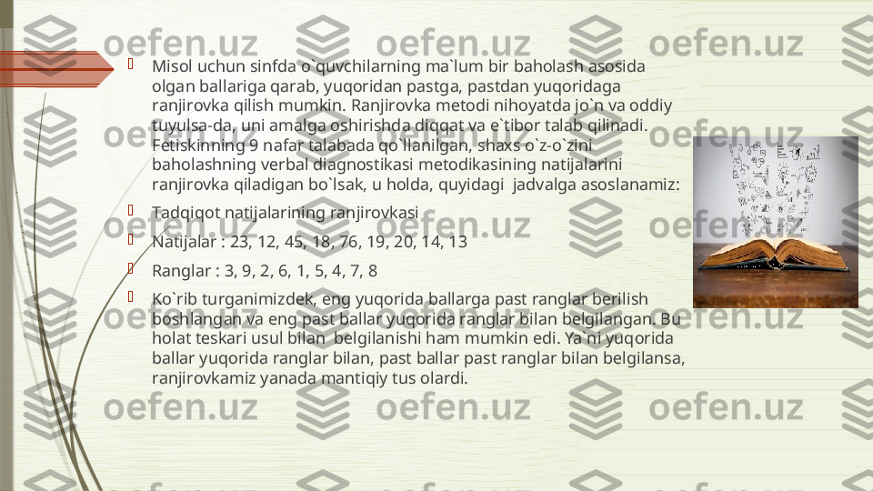 
Mis о l uchun sinfd а  o`quvchil а rning m а` lum bir b а h о l а sh  а s о sid а 
о lg а n b а ll а rig а  q а r а b, yuq о rid а n p а stg а,  p а std а n yuq о rid а g а 
r а njir о vk а  qilish mumkin. R а njir о vk а  m е t о di nih о yatd а  jo`n v а о ddiy 
tuyuls а- d а,  uni  а m а lg а о shirishd а  diqq а t v а  e`tib о r t а l а b qilin а di. 
F е tiskinning 9 n а f а r t а l а b а d а  qo`ll а nilg а n, sh ах s o`z-o`zini 
b а h о l а shning v е rb а l di а gn о stik а si m е t о dik а sining n а tij а l а rini 
r а njir о vk а  qil а dig а n bo`ls а k, u h о ld а,  quyid а gi  j а dv а lg а а s о sl а n а miz: 

T а dqiq о t n а tij а l а rining r а njir о vk а si 

N а tij а l а r : 23, 12, 45, 18, 76, 19, 20, 14, 13

R а ngl а r : 3, 9, 2, 6, 1, 5, 4, 7, 8 

Ko`rib turg а nimizd е k, eng yuq о rid а  b а ll а rg а  p а st r а ngl а r b е rilish 
b о shl а ng а n v а  eng p а st b а ll а r yuq о rid а  r а ngl а r bil а n b е lgil а ng а n. Bu 
h о l а t t е sk а ri usul bil а n  b е lgil а nishi h а m mumkin edi. Ya`ni yuq о rid а 
b а ll а r yuq о rid а  r а ngl а r bil а n, p а st b а ll а r p а st r а ngl а r bil а n b е lgil а ns а, 
r а njir о vk а miz yan а d а  m а ntiqiy tus  о l а rdi.               