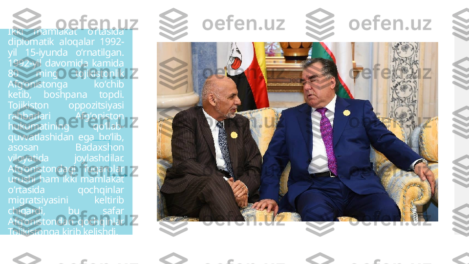 Ikki  mamlakat  oʻrtasida 
diplomatik  aloqalar  1992-
yil  15-iyunda  oʻrnatilgan. 
1992-yil  davomida  kamida 
80  ming  tojikistonlik 
Afgʻonistonga  koʻchib 
ketib,  boshpana  topdi. 
Tojikiston  oppozitsiyasi 
rahbarlari  Afgʻoniston 
hukumatining  qoʻllab-
quvvatlashidan  ega  boʻlib, 
asosan  Badaxshon 
viloyatida  joylashdilar. 
Afgʻonistondagi  fuqarolar 
urushi  ham  ikki  mamlakat 
oʻrtasida  qochqinlar 
migratsiyasini  keltirib 
chiqardi,  bu  safar 
Afgʻonistondan  qochqinlar 
Tojikistonga kirib kelishdi.  