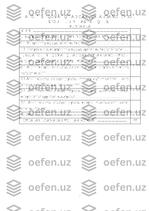 AHOLI ISTIQOMAT QILADIGAN JOYLARDA VOLEYBOL
SPORT TURINI TASHKIL QILISH  
MUNDARIJA
KIRISH ………………………………………………………………………
I. Bob. VOLEYBOL SPORT TURNING RIVOJLANISHI……………...
1.1. Voleybolning vujudga kelishi va rivojlanishi……………………………
1.2. O’zbyekistonda volyeybolning vujudga kyelishi va   rivojlanish tarixi…...
II.Bob . AHOLI ISTIQOMAT QILADIGAN JOYLARDA VOLEYBOL 
SPORT TURINI TASHKIL QILISH YO’LLARI………………………..
2.1. Aholini voleybol sport turiga qiziqishini o’rganish bo‘yicha  so’rovnoma
natijalari va tahlili……………………………………………………………
2.2   Aholi   istiqomat   qialdigan   joylarda   ommaviy   sog‘lomlashtirish   –   sport
ishlarini tashkil etishda voleybolning o‘rni………………………………….
2.3.   Aholi   istiqomat   qiladigan   joylarda   turli   yosh   guruhlariga   mansub
voleybolchilar tayyorlash xususiyatlari……………………………………..
2.4.   Aholi   istiqomat   qiladigan   joylarda   voleybol   musobaqalarini   tashkil
qilish va o’tkazish…………………………………………………………..
Xulosa………………………………………………………………………
FOYDALANILGAN ADABIYOTLAR RO’YHATI ……………………. 66
1 