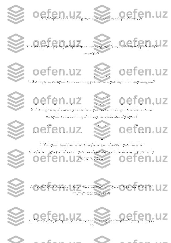 2. Voleybol sport turining texnik usullarini qanday tushunasiz?
__________________________________________________________________
__________________________________________________________________
__________________________________________________________________
3. Sizning fikringizcha, voleybol sport turining texnik usullarini qanday o’rgatish
mumkin?
__________________________________________________________________
__________________________________________________________________
__________________________________________________________________
4. Sizningcha, voleybol sport turining yoshlar tarbiyasidagi o’rni qay darajada?
__________________________________________________________________
__________________________________________________________________
__________________________________________________________________
5. Fikringizcha, o’quvchi yoshlar tarbiyasi va salomatligini shakllantirishda
voleybol sport turining o’rni qay darajada deb o’ylaysiz?
__________________________________________________________________
__________________________________________________________________
__________________________________________________________________
6. Voleybol sport turi bilan shug’ullangan o’quvchi yoshlar bilan
shug’ullanmaydigan o’quvchi yoshlar o’rtasidagi farq faqat ularning jismoniy
rivojlanishidami?
__________________________________________________________________
__________________________________________________________________
__________________________________________________________________ 
7. Siz, voleybol sport turi orqali vatanparvarlik g’oyalarini qanday singdirish
mumkin deb o’ylaysiz?
__________________________________________________________________
__________________________________________________________________
__________________________________________________________________
8. Fikringizcha, voleybol sport musobaqalaridagi eng hayajonli jarayon qaysi?
32 