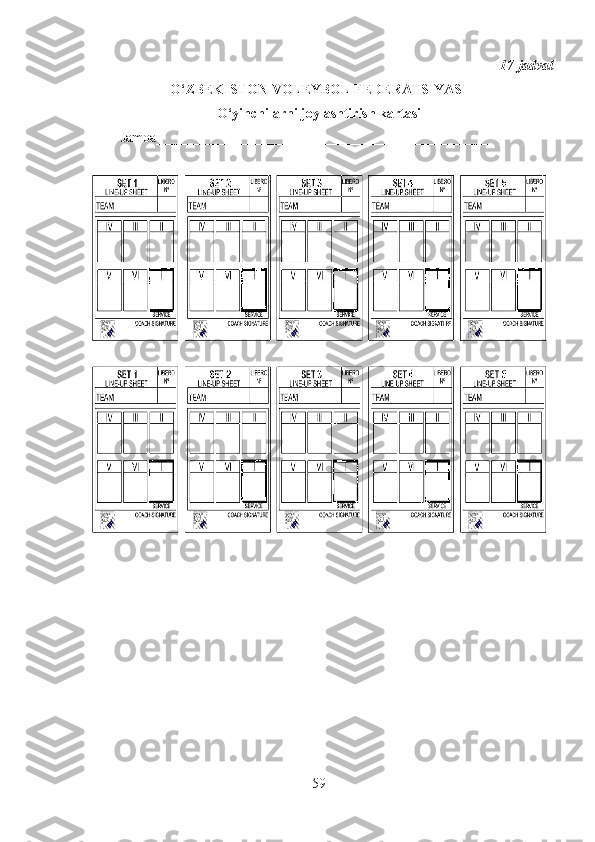 17-jadval
O‘ZBEKISTON VOLEYBOL FEDERATSIYASI
O‘yinchilarni joylashtirish kartasi  
Jamoa________________________________________________
59 