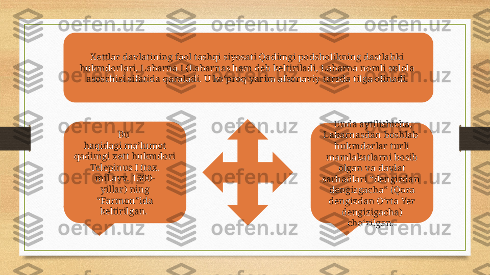 Xettlar davlatining faol tashqi siyosati Qadimgi podsholikning dastlabki 
hukmdorlari, Labarna I (Labarnas ham deb keltiriladi, Labarna nomli sulola 
asoschisi sifatida qaraladi. U ko‘proq yarim afsonaviy tarzda tilga olinadi. 
  Unda aytilishicha, 
Labarnasdan boshlab 
hukmdorlar turli 
mamlakatlarni bosib 
olgan va davlat 
sarhadlari “dengizdan 
dengizgacha” (Qora 
dengizdan O‘rta Yer 
dengizigacha) 
cho‘zilgan. Bu 
haqidagi ma’lumot 
qadimgi xett hukmdori 
Telepinus I (tax. 
mil.avv. 1500-
yillar) ning 
“Farmon”ida 
keltirilgan.  