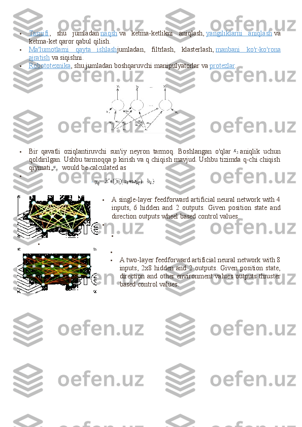  Tasnifi    ,   shu   jumladan   naqsh   va   ketma-ketlikni   aniqlash,   yangiliklarni   aniqlash   va
ketma-ket qaror qabul qilish.
 Ma'lumotlarni   qayta   ishlash    jumladan,   filtrlash,   klasterlash,   manbani   ko'r-ko'rona
ajratish   va siqishni.
 Robototexnika    , shu jumladan boshqaruvchi manipulyatorlar va   protezlar .
 Bir   qavatli   oziqlantiruvchi   sun'iy   neyron   tarmoq.   Boshlangan   o'qlar  x2   aniqlik   uchun
qoldirilgan. Ushbu tarmoqqa p kirish va q chiqish mavjud. Ushbu tizimda q-chi chiqish
qiymati,	
yq     would be calculated as  

 A single-layer feedforward artificial neural network with 4
inputs,   6   hidden   and   2   outputs.   Given   position   state   and
direction outputs wheel based control values.




 A two-layer feedforward artificial neural network with 8
inputs,  2x8  hidden  and  2  outputs.   Given  position  state,
direction and other environment values outputs thruster
based control values. 