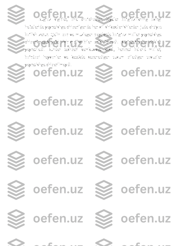 Bug‘oz   sigirlar,   ona   cho‘chqalar,   biyalar   bo‘g‘ozlikning   oxirgi
haftalarida yayratishga chiqarilganda har xil shikastlanishlardan juda ehtiyot
bo‘lish   zarur.   Qalin   qor   va   muzlagan   paytlarda   bo‘g‘oz   mollar   yayratishga
chiqarilmaydi   yoki   qisir   mollar   bilan   qo‘shilmaydi.   Bug‘oz   biyalar   etaklab
yayratiladi.   Bundan   tashqari   kamkuvvat,   kasal,   harorati   baland   mollar,
bo‘rdoqi   hayvonlar   va   katakda   saqanadigan   tuxum   qiladigan   tovuqlar
yayratishga chiqarilmaydi. 