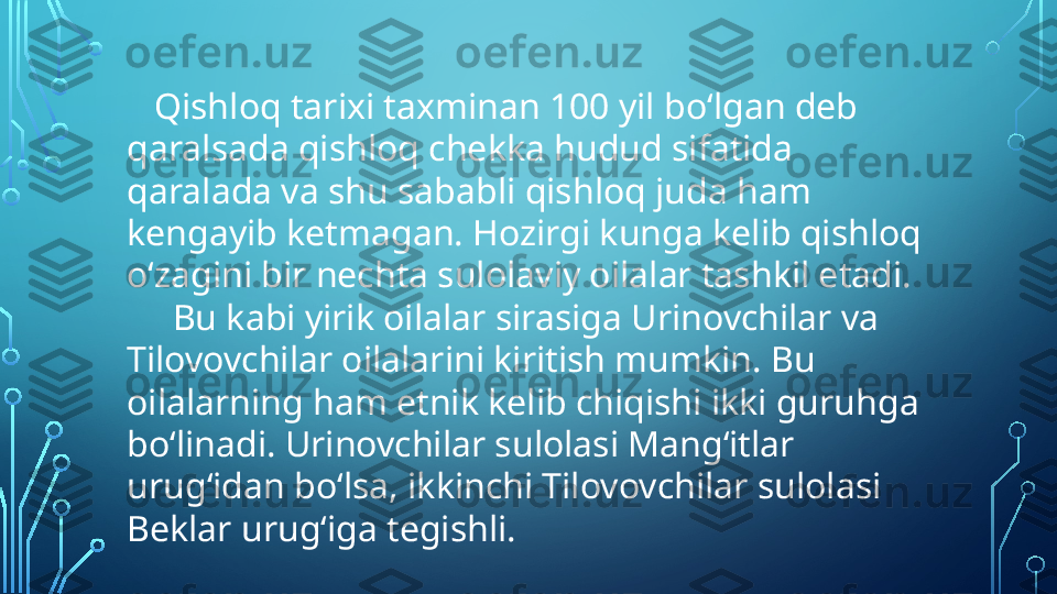     Qishloq tarixi taxminan 100 yil boʻlgan deb 
qaralsada qishloq chekka hudud sifatida 
qaralada va shu sababli qishloq juda ham 
kengayib ketmagan. Hozirgi kunga kelib qishloq 
oʻzagini bir nechta sulolaviy oilalar tashkil etadi. 
      Bu kabi yirik oilalar sirasiga Urinovchilar va 
Tilovovchilar oilalarini kiritish mumkin. Bu 
oilalarning ham etnik kelib chiqishi ikki guruhga 
boʻlinadi. Urinovchilar sulolasi Mangʻitlar 
urugʻidan boʻlsa, ikkinchi Tilovovchilar sulolasi 
Beklar urugʻiga tegishli.  