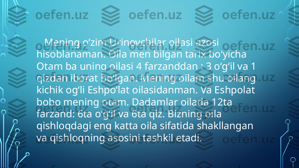     Mening oʻzim Urinovchilar oilasi azosi 
hisoblanaman. Oila men bilgan tarix boʻyicha 
Otam ba uning oilasi 4 farzanddan : 3 oʻgʻil va 1 
qizdan iborat boʻlgan. Mening oilam shu oilang 
kichik ogʻli Eshpoʻlat oilasidanman. Va Eshpolat 
bobo mening otam. Dadamlar oilada 12ta 
farzand: 6ta oʻgʻil va 6ta qiz. Bizning oila 
qishloqdagi eng katta oila sifatida shakllangan 
va qishloqning asosini tashkil etadi.  