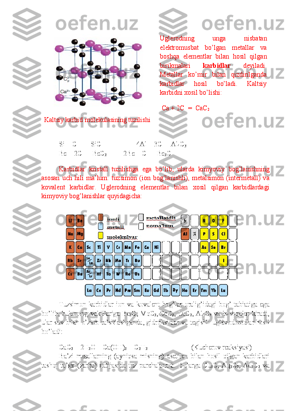 Kaltsiy karbid molekulasining tuzilishi Ugl е r о dning   ung а   nisb а t а n
el е ktr о mus b а t   bo’lg а n   m е t а ll а r   v а
bоshqа   el е m е ntl а r   bil а n   hоsil   qilg а n
bi rikm а l а ri   k а rbidl а r   d е yil а di.
M е t а ll а r   ko’mir   bil а n   qizdirilg а nd а
k а rbidl а r   hоsil   bo’l а di.   Kaltsiy
karbidni xosil bo’lishi:
 Ca + 2C  =  CaC
2
Si + C    =  SiC                     4Al + 3C =  Al
4 C
3
Be + 2C  =  BeC
2                  2Be + C  =  Be
2 C 
K а rbidl а r   krist а ll   tuzilishg а   eg а   bo’lib,   ul а rd а   kimyoviy   b о g’l а nishning
asosan   uch   hili   m а ’lum:   tuzsim о n   (i о n   b о g’l а nishli),   m е t а lsim о n   (int е rm е t а ll)   v а
k о v а l е nt   k а rbidl а r.   Uglerodning   elementlar   bilan   xosil   qilgan   karbidlardagi
kimyoviy bog’lanishlar quyidagicha:
Tuzsim о n   k а rbidl а r   i о n   v а   k о v а l е nt   b о g’l а r   о r а lig’id а gi   b о g’   t а bi а tig а   eg а
bo’lib,   bul а rning   v а kill а rig а   Be
2 C,   MqC
2 ,
  CaC
2 ,  LaC
2 ,  Al
4 C
3   v а   bоshqаl а r   kir а di,
ul а r suv bil а n o’z а r о   t а ’sirl а shg а nd а , gidr о ksidl а r v а   t е gishli ugl е v о d о r о dl а r hоsil
bo’l а di:
CaC
2  + 2H
2 O = Ca(OH)
2  + C
2 H
2 (Kuch е r о v r еа ksiyasi)
B а ’zi   m е t а ll а rning   ( а yniqs а   misning)   а s е til е n   bil а n   hоsil   qilg а n   k а rbidl а ri
t а shqi   t а ’sir   (z а rb а )   n а tij а sid а   t е z   p а rch а l а n а di.   Bul а rg а   Cu
2 C,   Aq
2 C
2 ,   Au
2 C
2   v а 